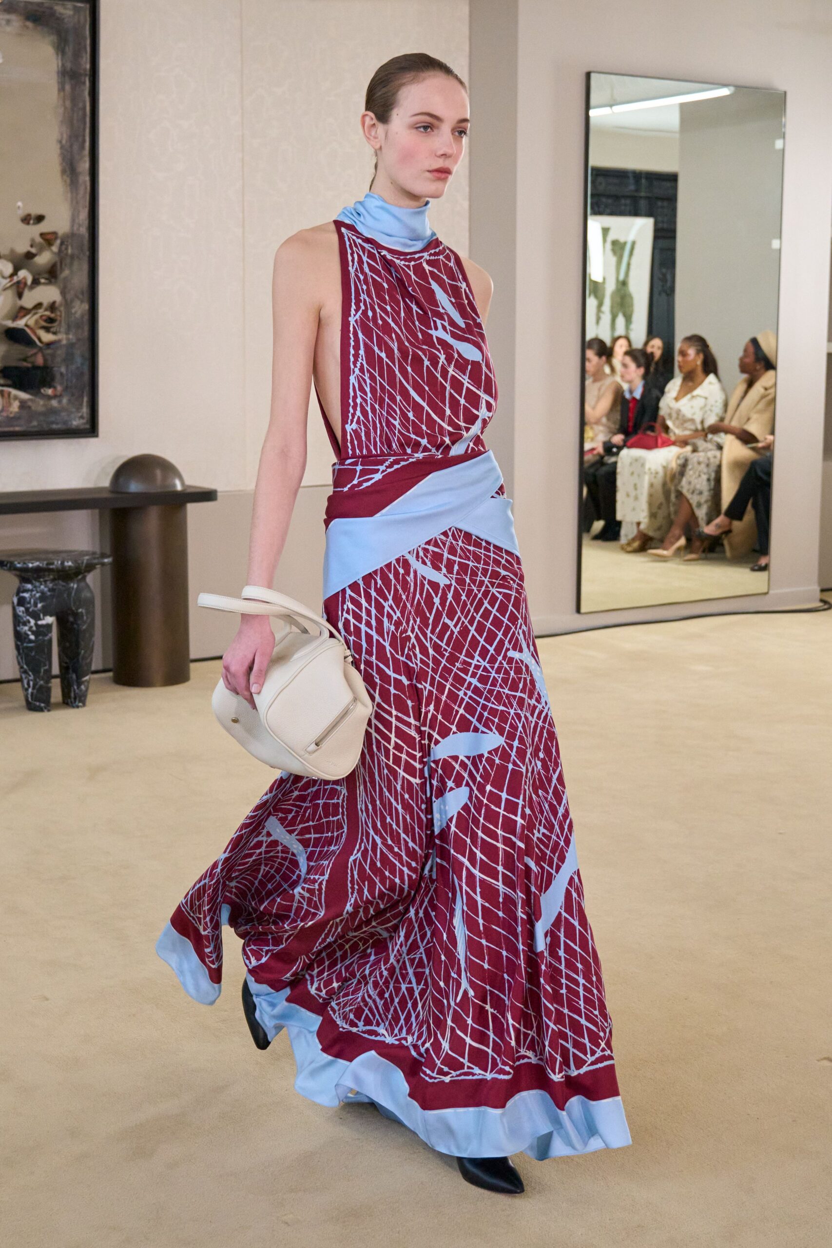 red silk sleeveless high-neck fitted printed tiered dress