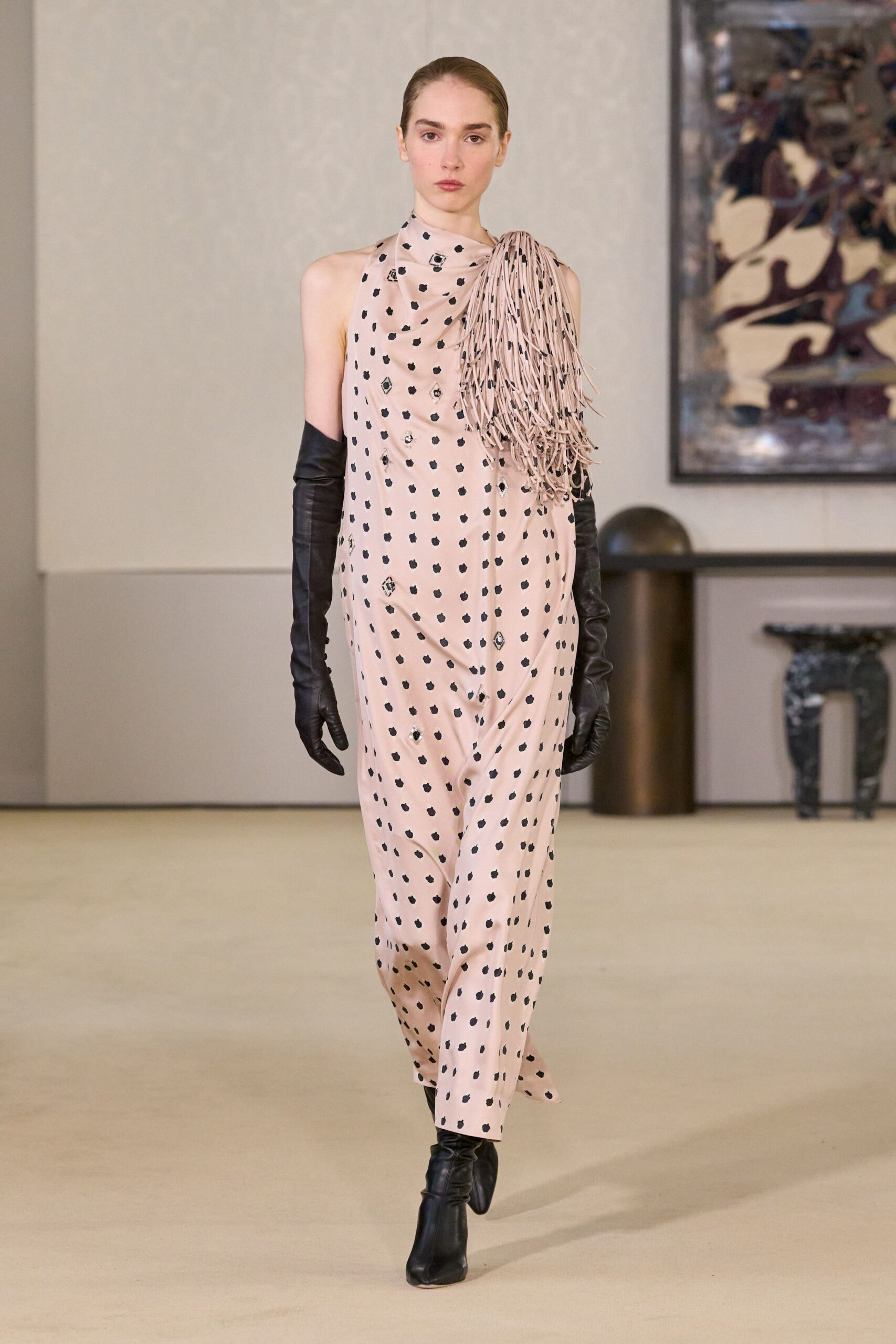 pink silk sleeveless high-neck fitted polka-dot draped dress