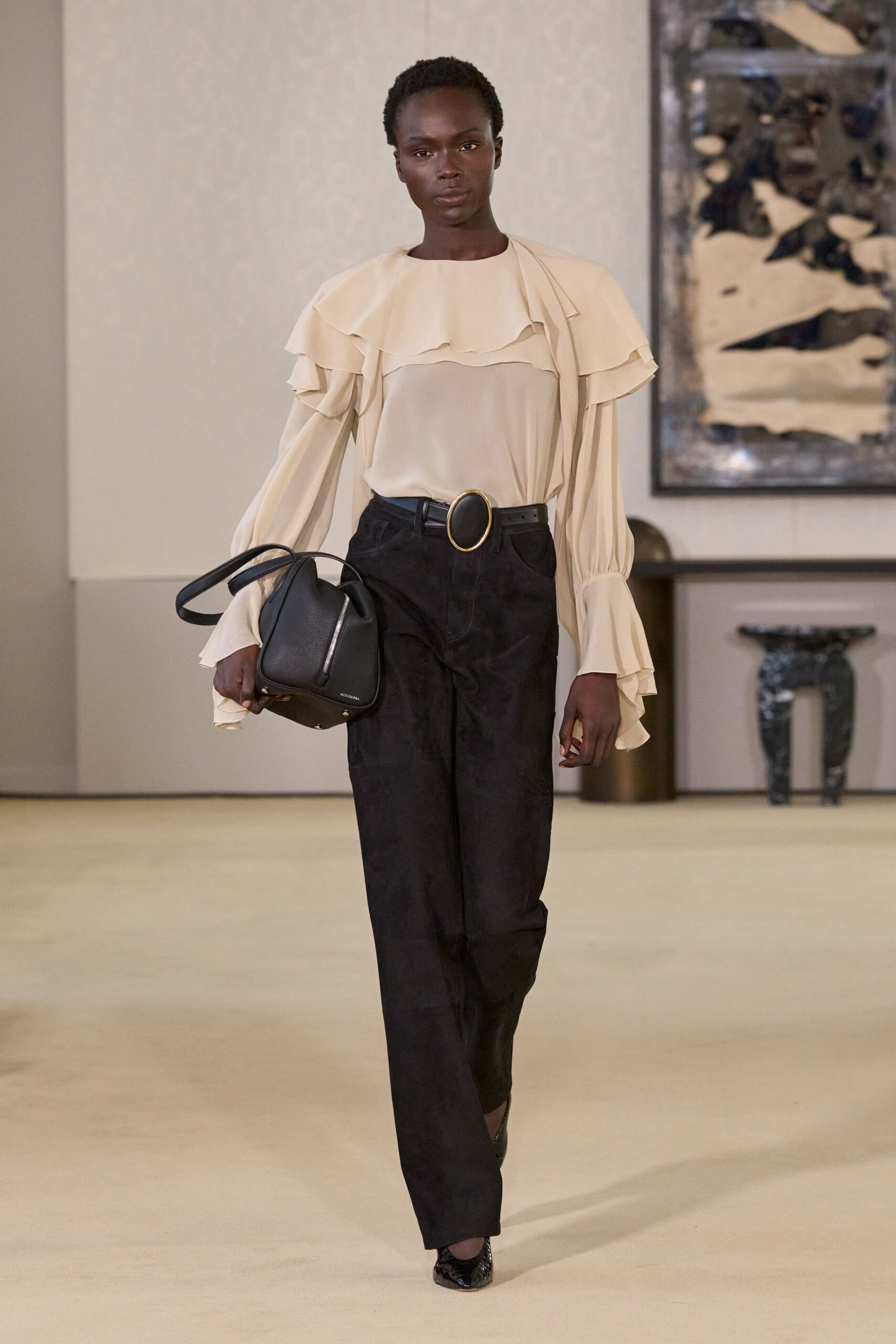 beige silk long-sleeve v-neck fitted ruffled blouse