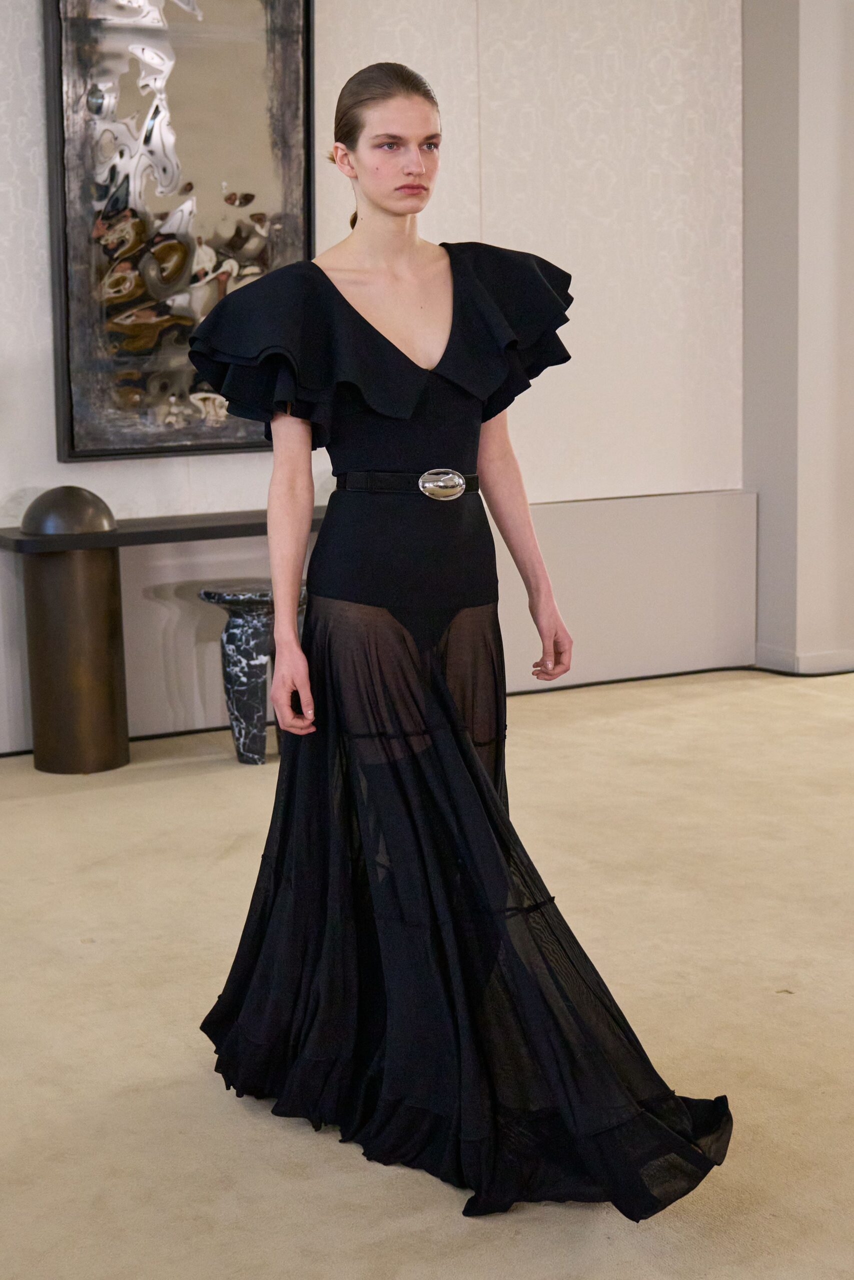 black silk sleeveless v-neck fitted ruffled layered gown