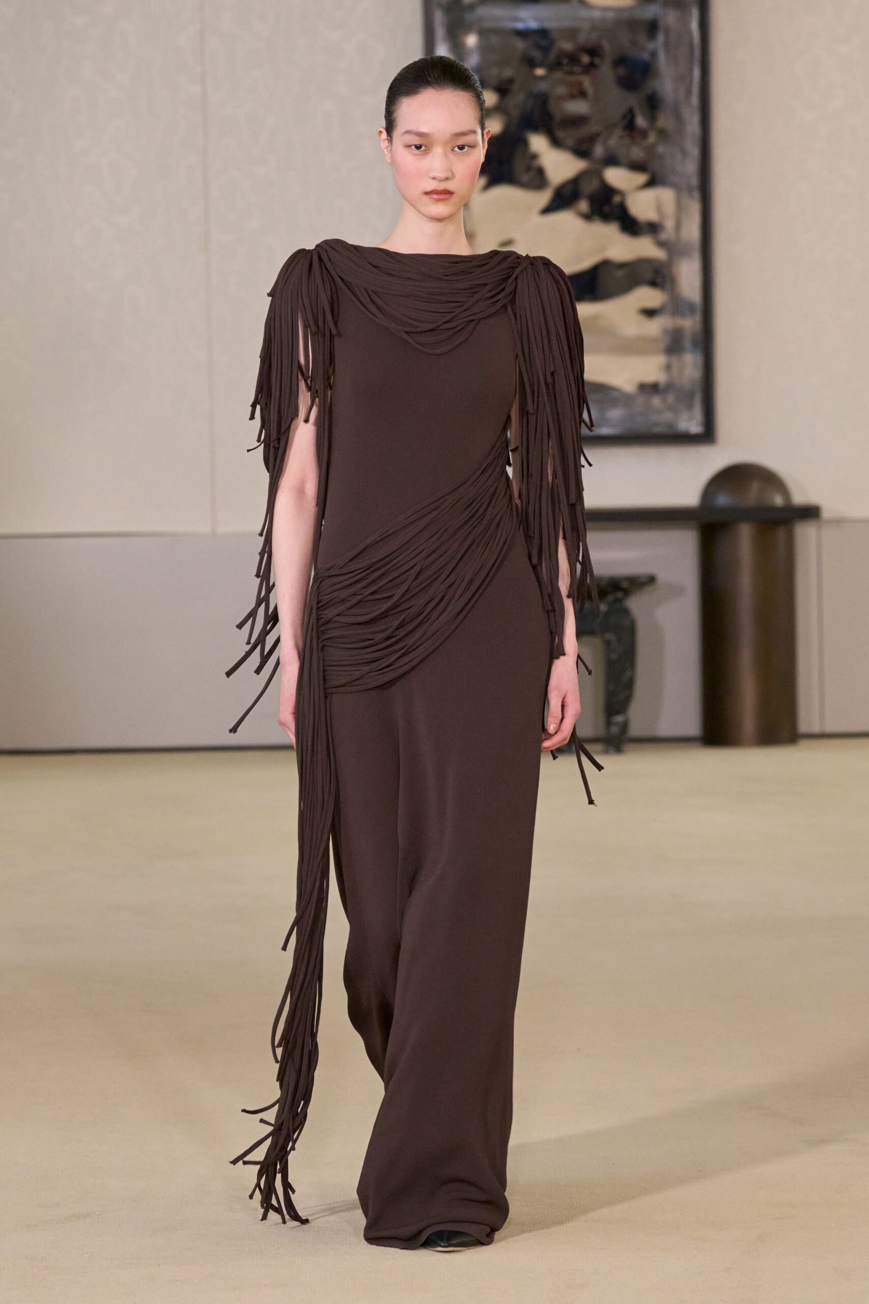 brown fitted sleeveless gown