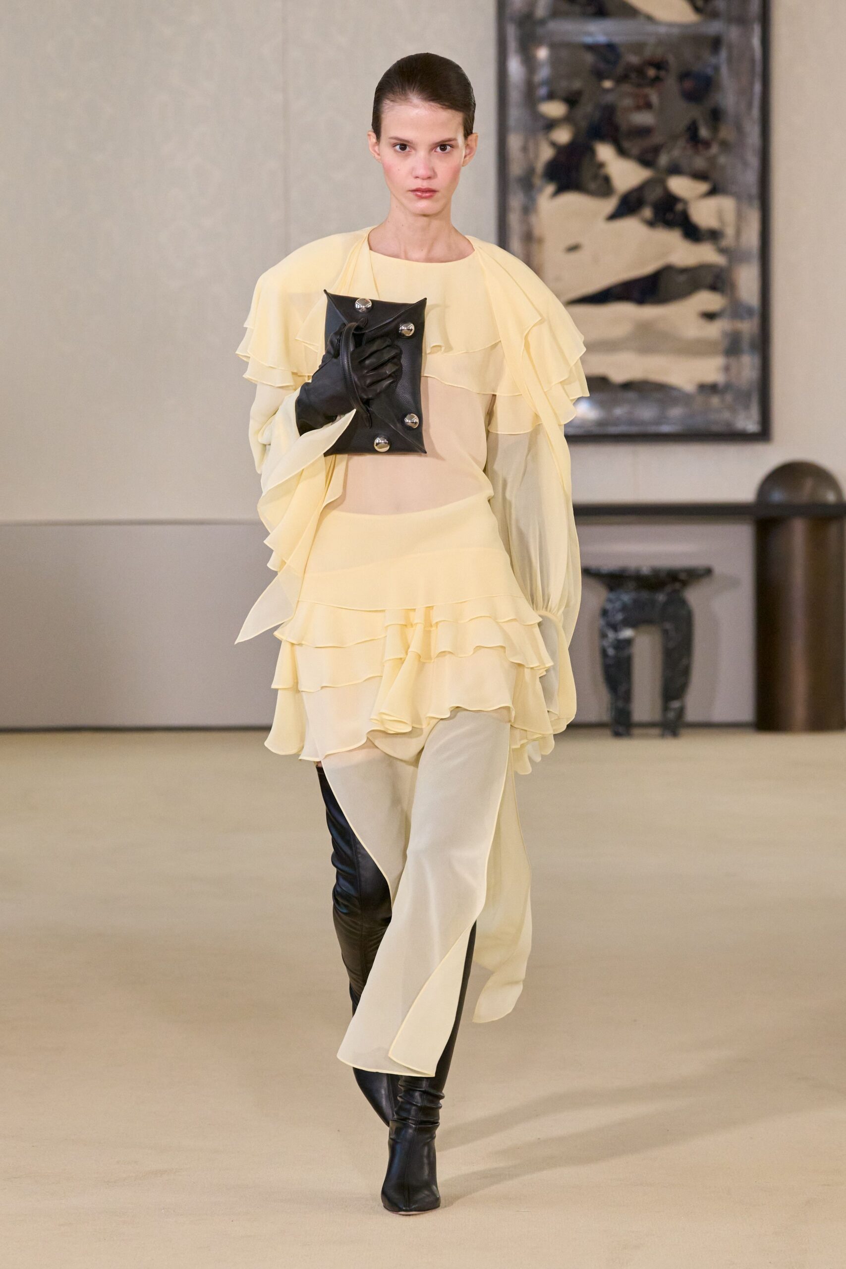 yellow chiffon long-sleeve v-neck fitted ruffled layered dress