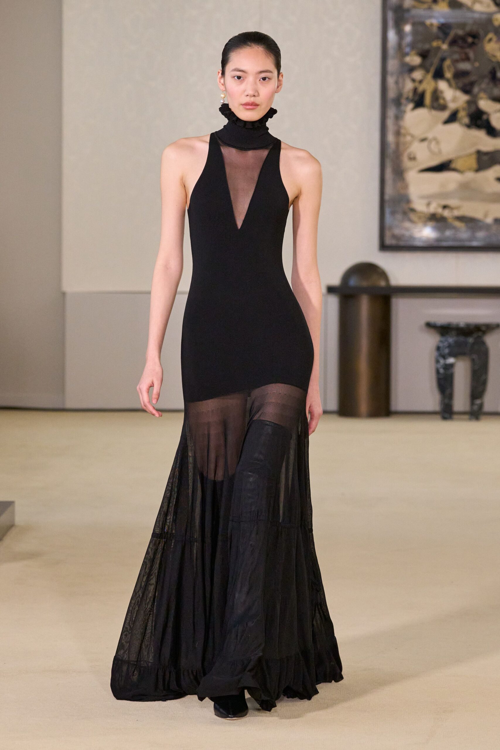 black silk sleeveless high-neck fitted tiered gown
