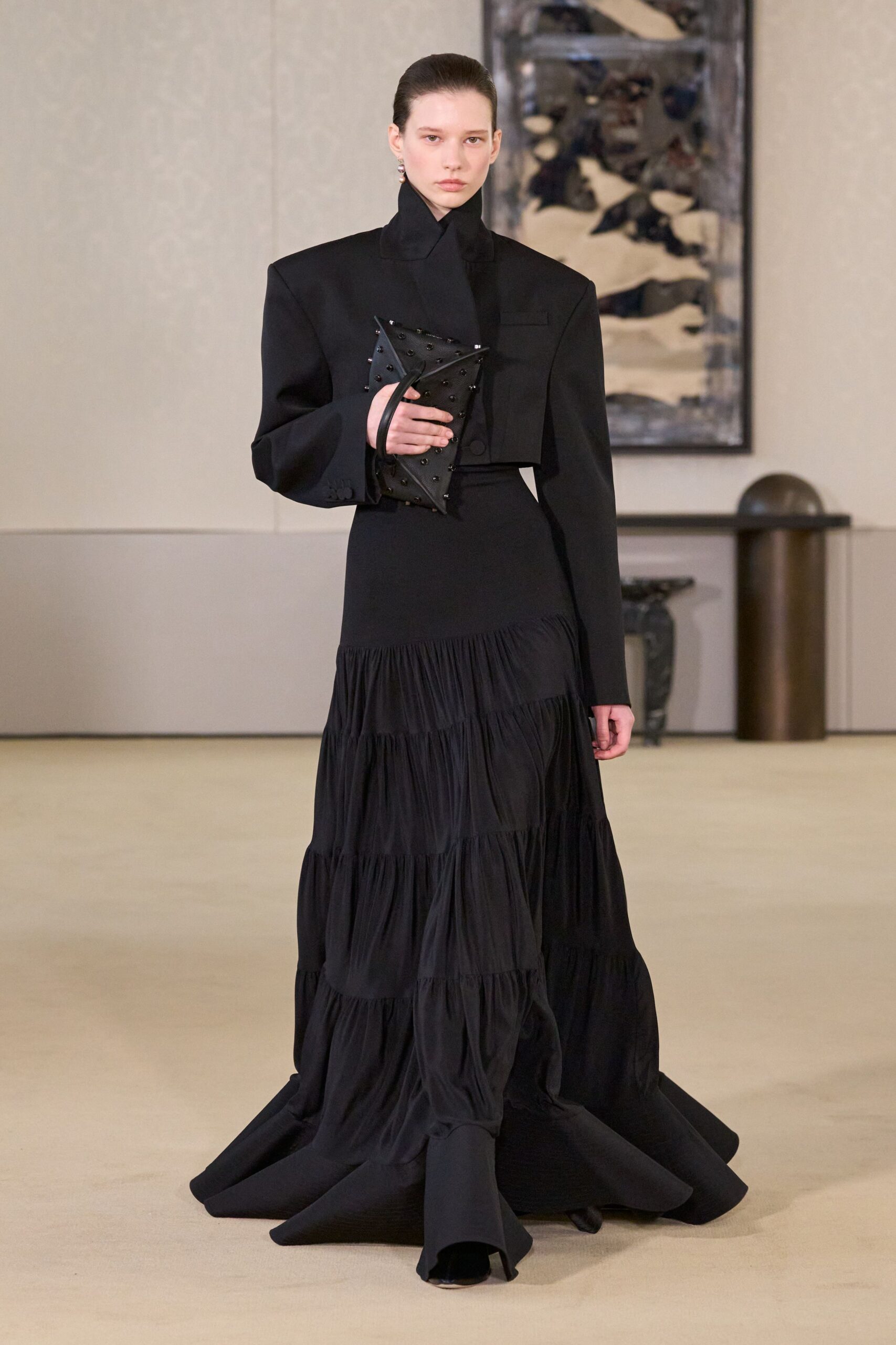 black silk long-sleeve high-neck fitted tiered ruffled gown
