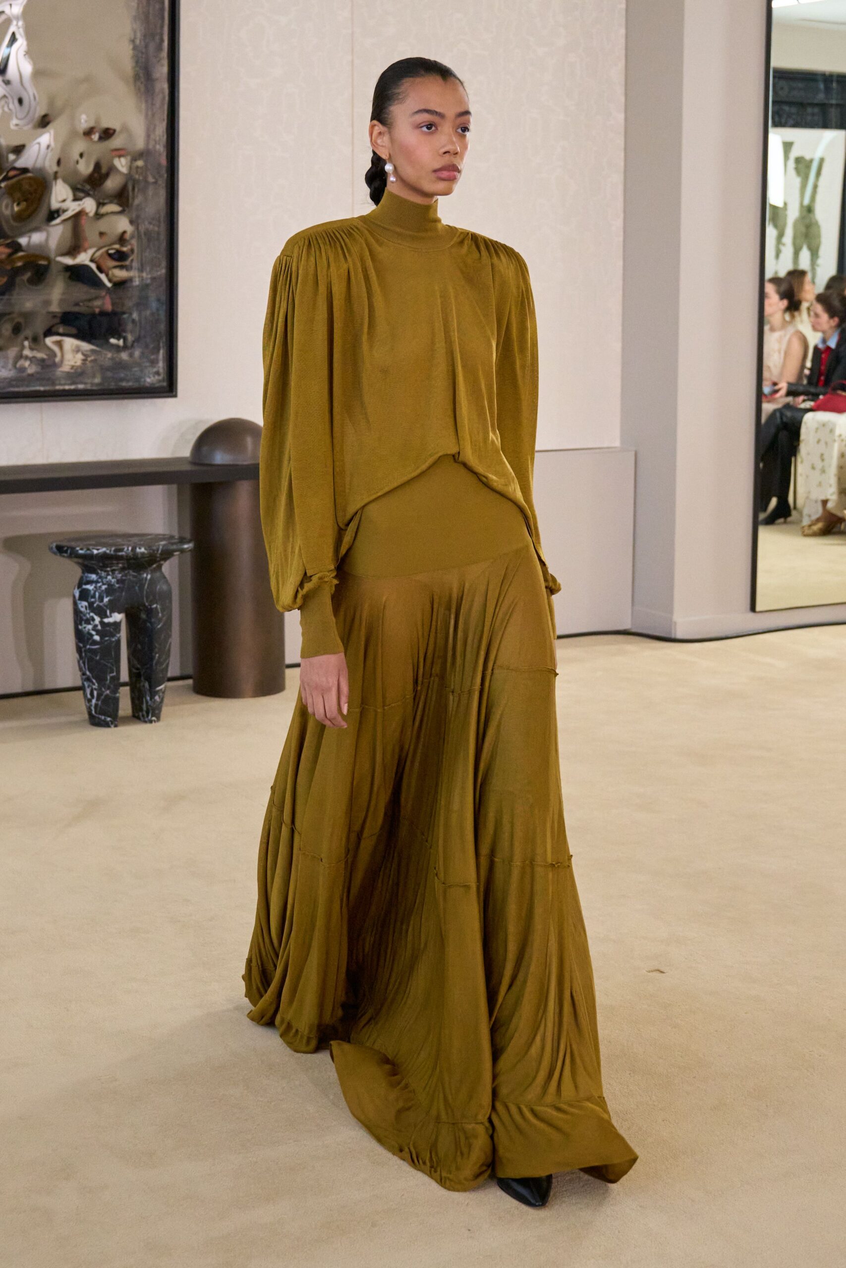 brown silk long-sleeve maxi dress