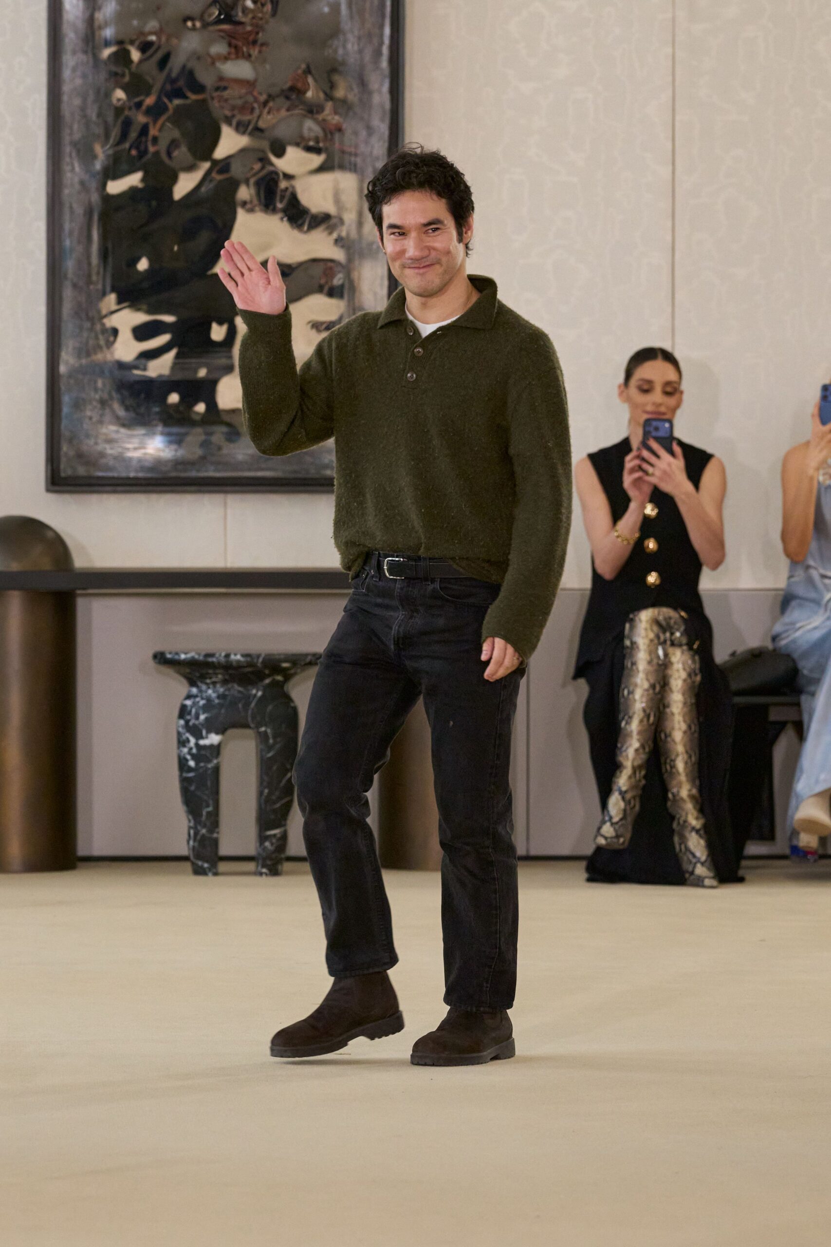 green wool long-sleeve collared relaxed sweater