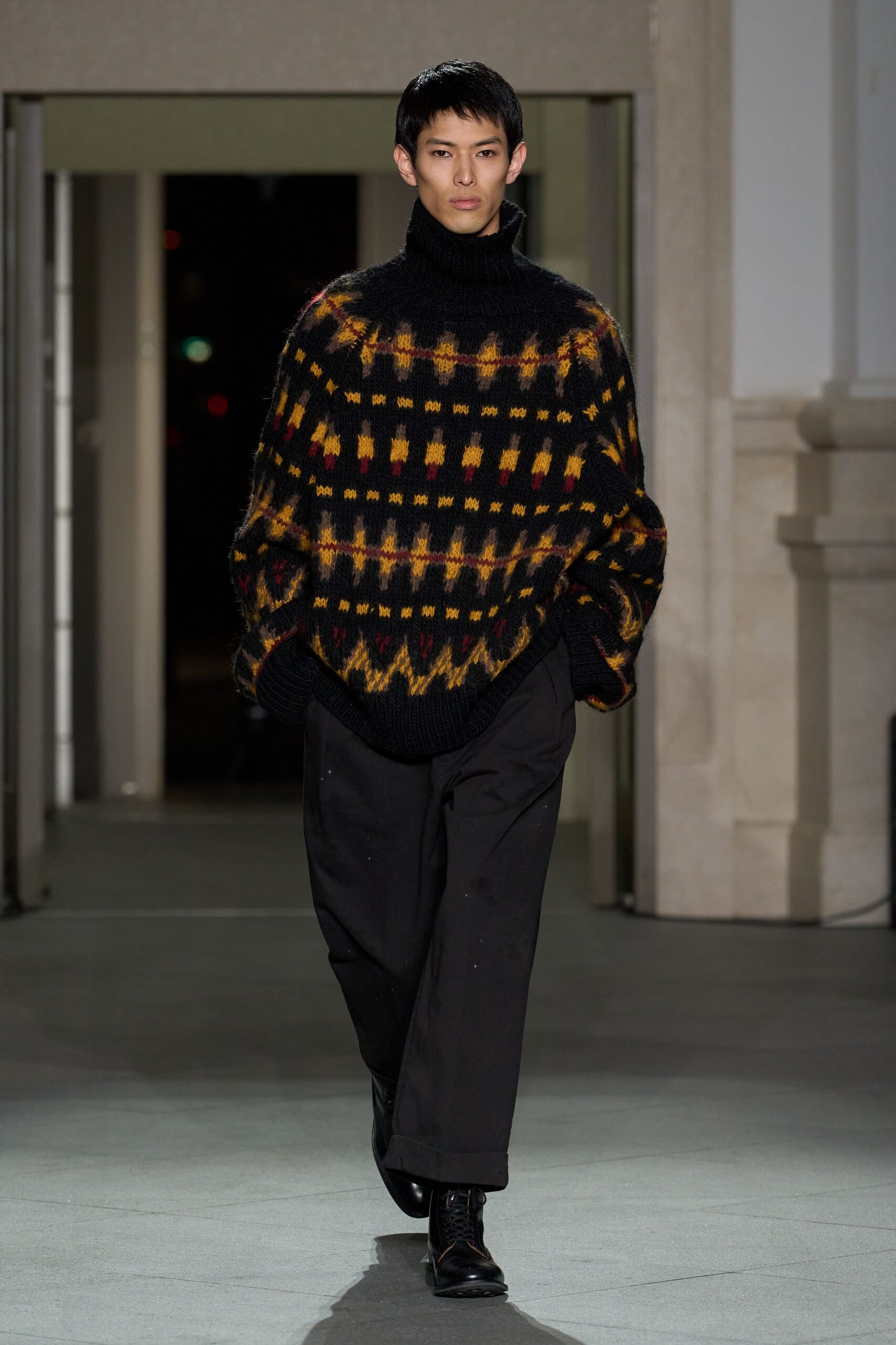 black wool long-sleeve turtleneck oversized printed sweater