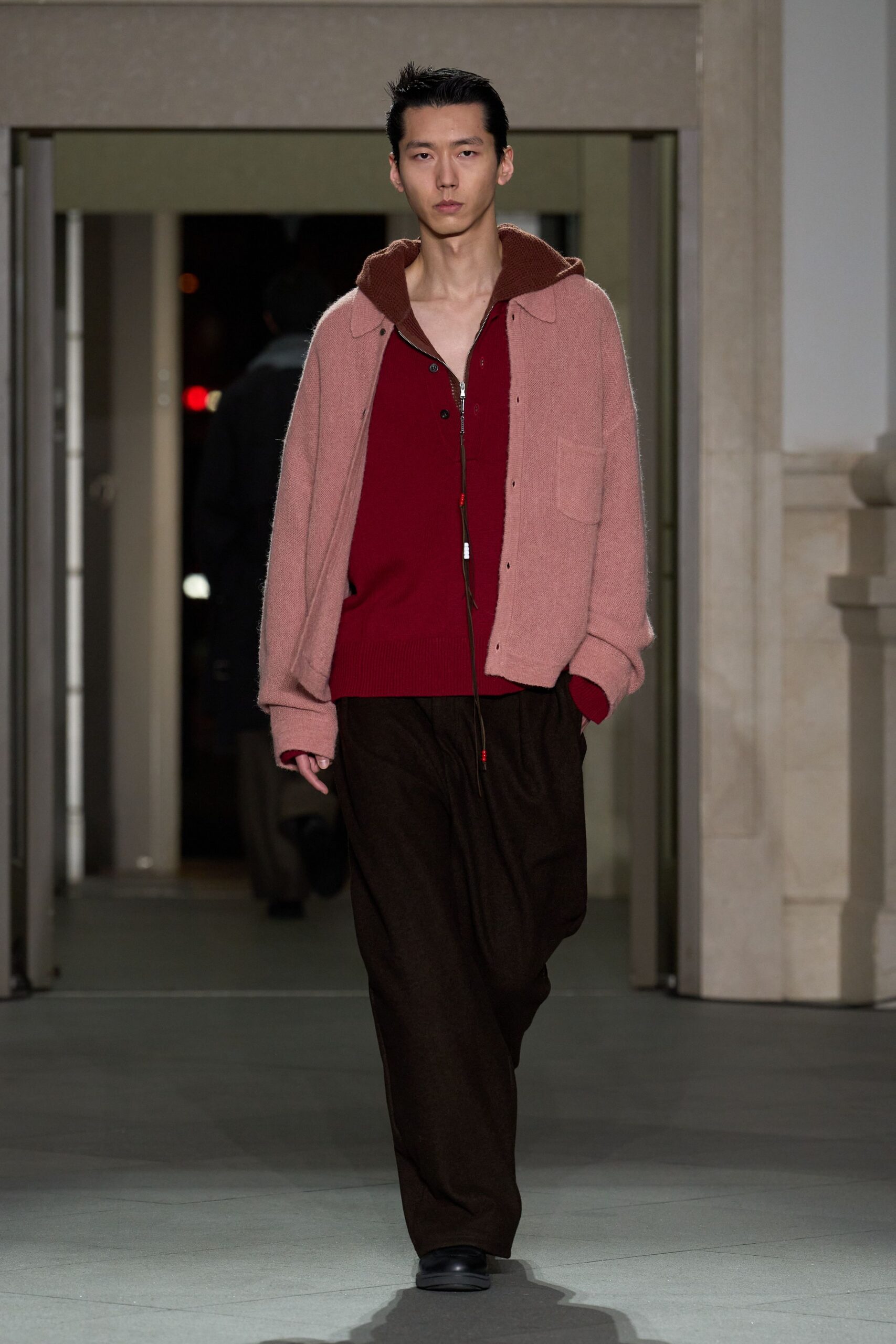 pink wool long-sleeve collared relaxed jacket