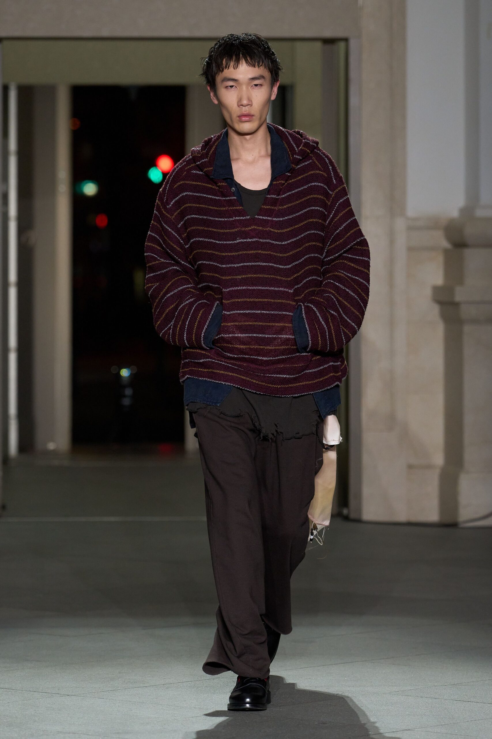 maroon cotton long-sleeve hooded relaxed striped hoodie