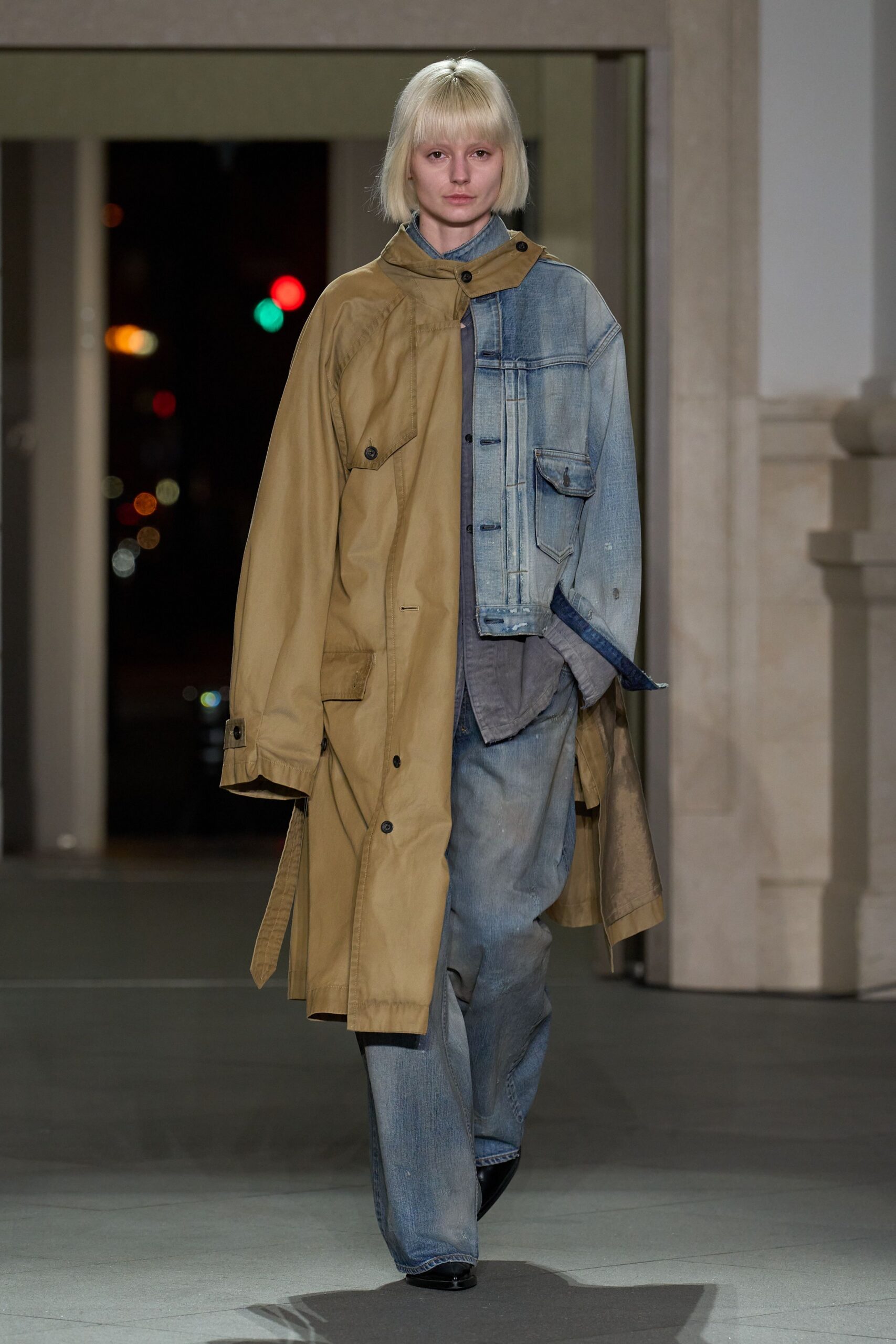 beige denim long-sleeve collared relaxed buttoned layered coat