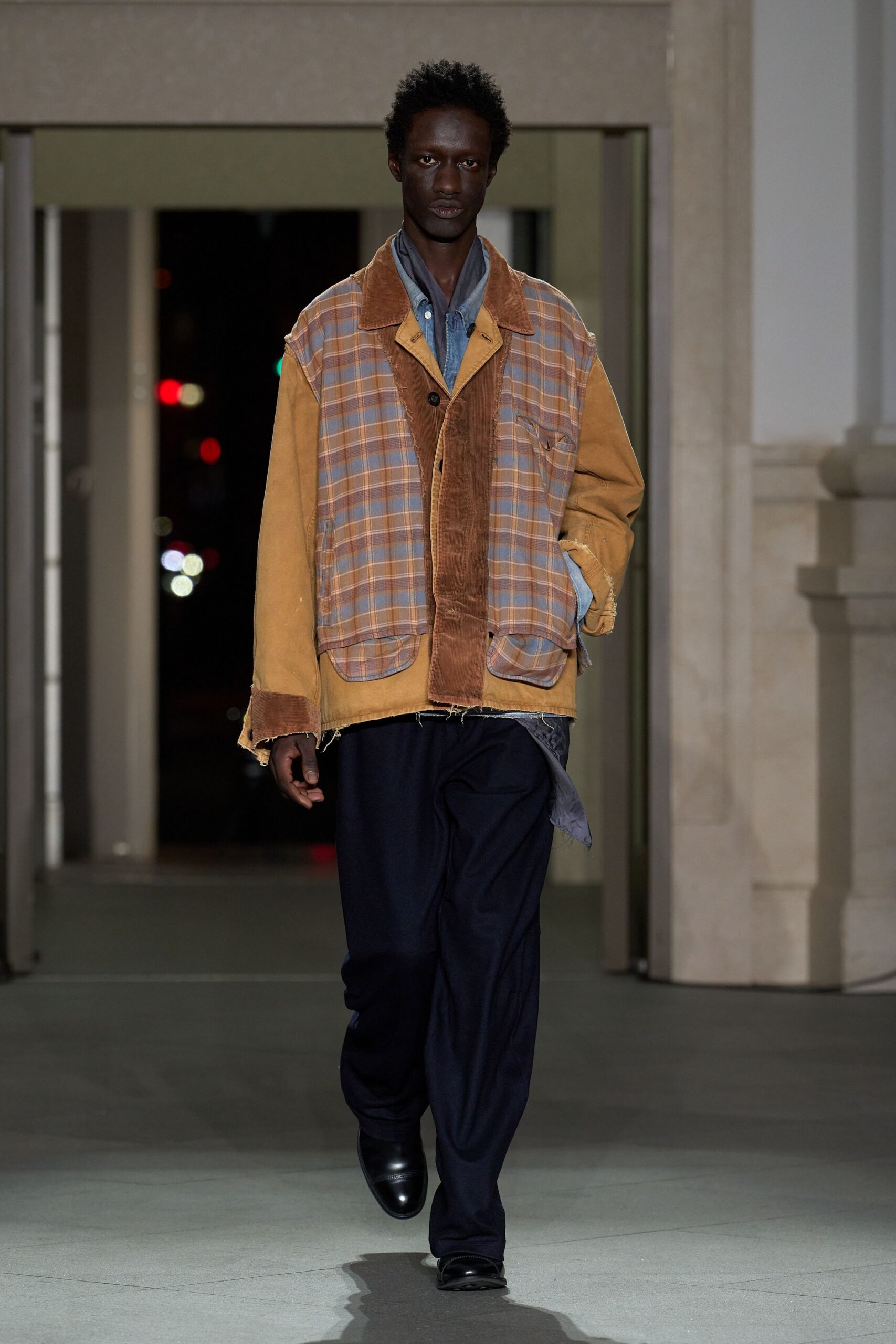 brown cotton long-sleeve oversized checked buttoned jacket