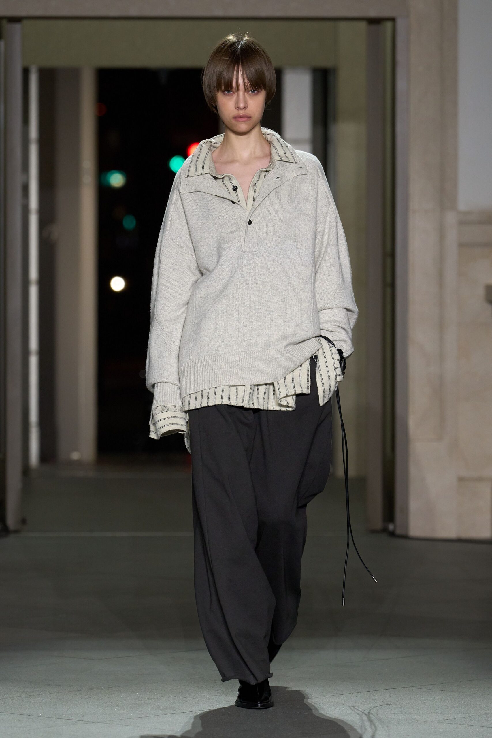 gray wool long-sleeve collared relaxed layered sweater