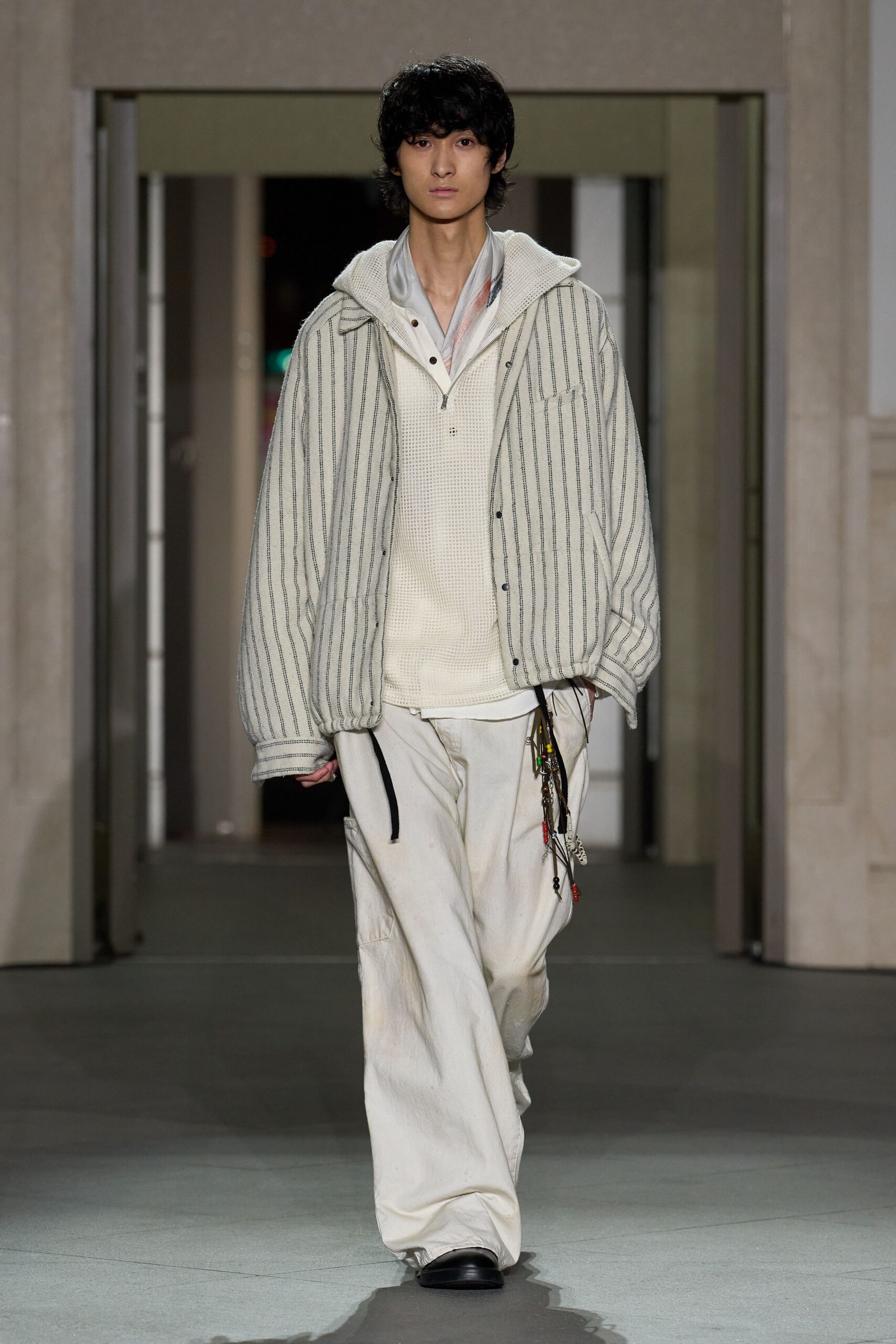 relaxed gray striped jacket with white shirt and pants