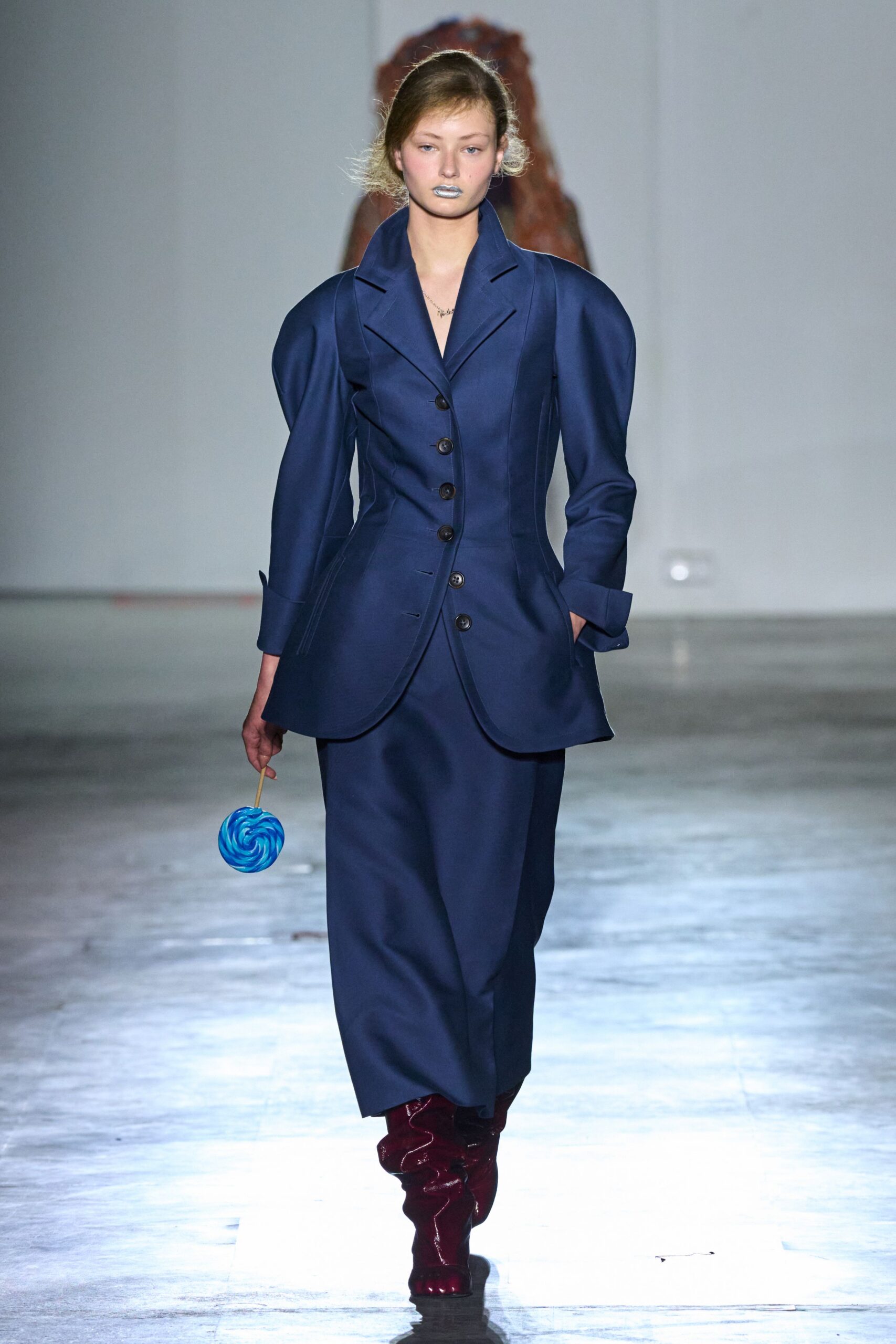 blue cotton long-sleeve collared structured buttoned pencil suit
