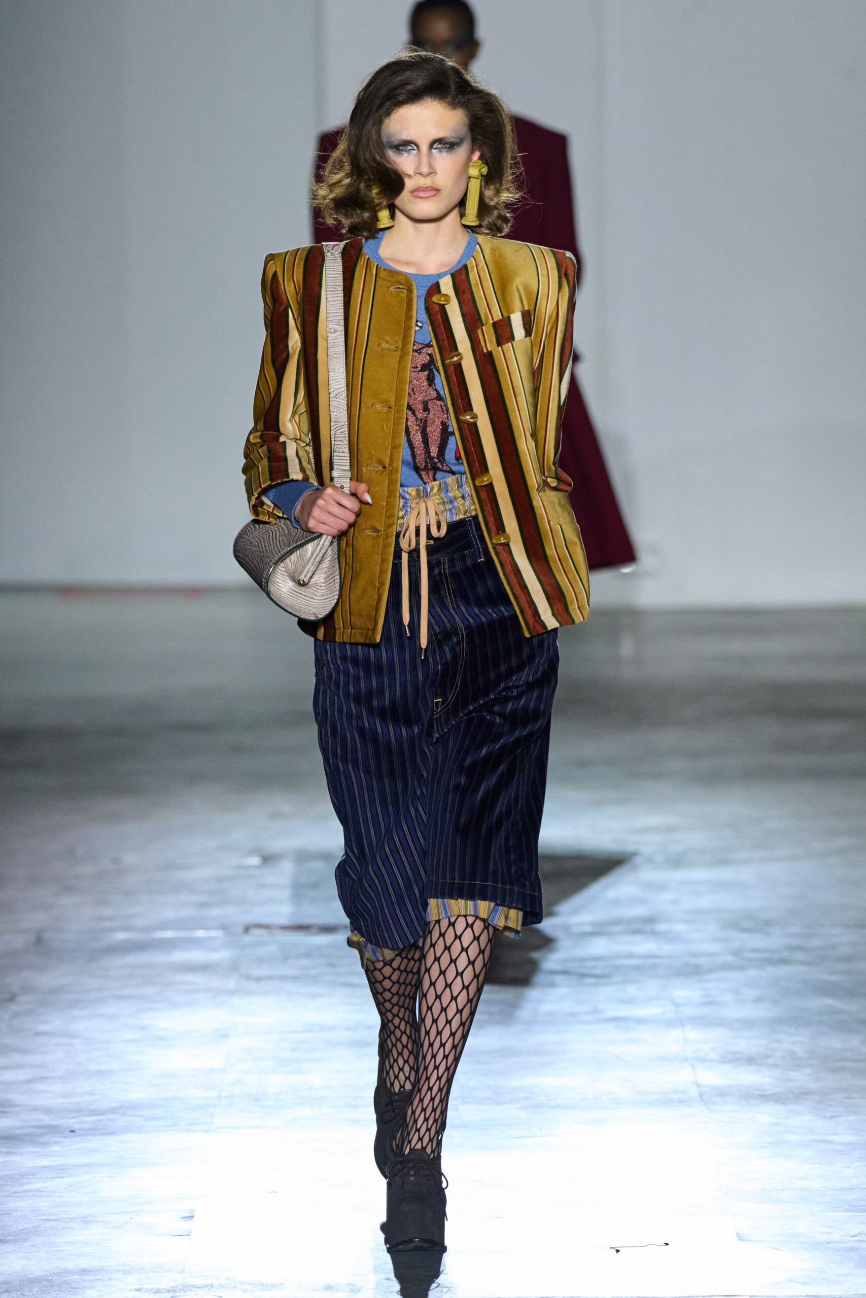 brown striped jacket with blue top