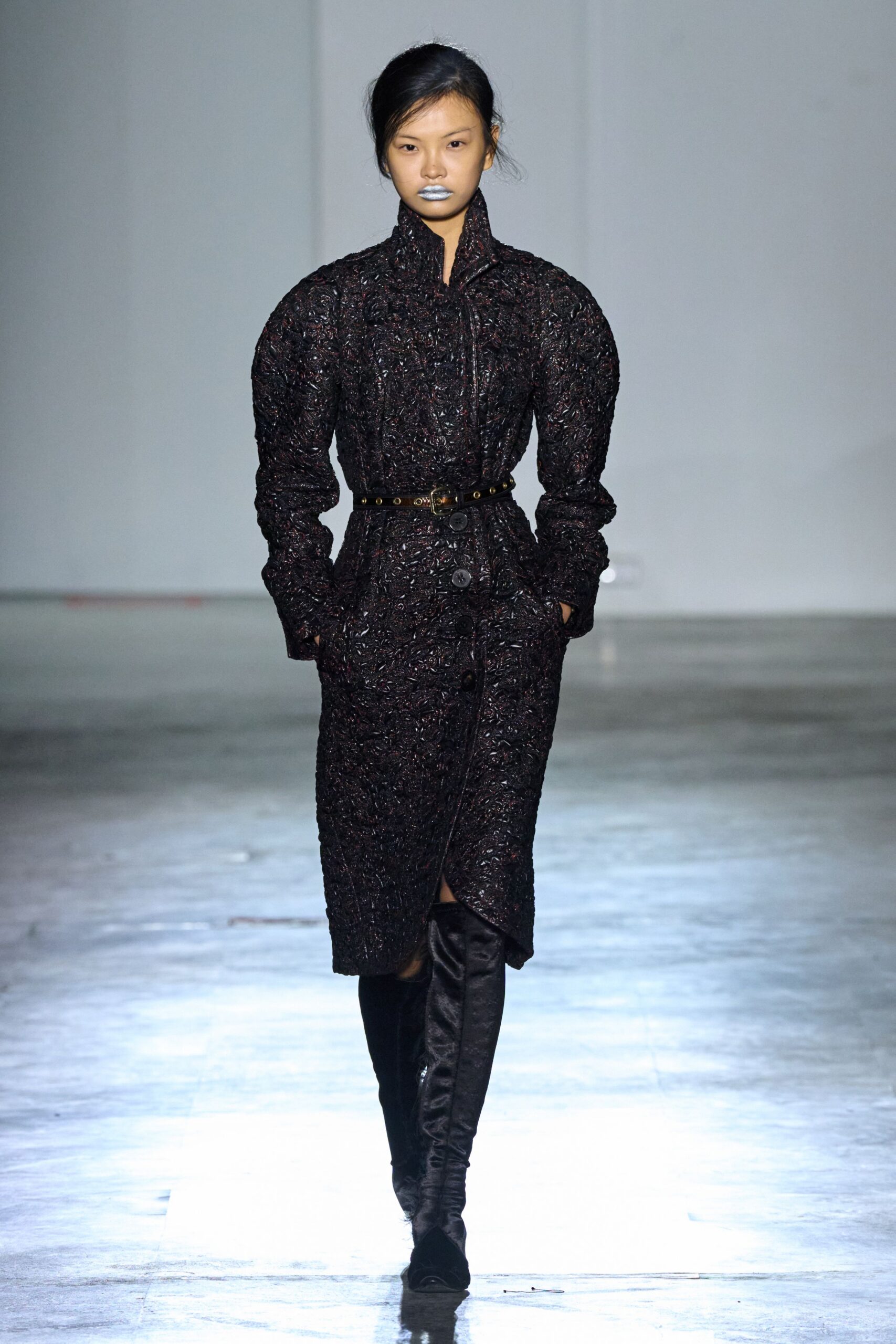 black silk long-sleeve collared fitted buttoned textured dress