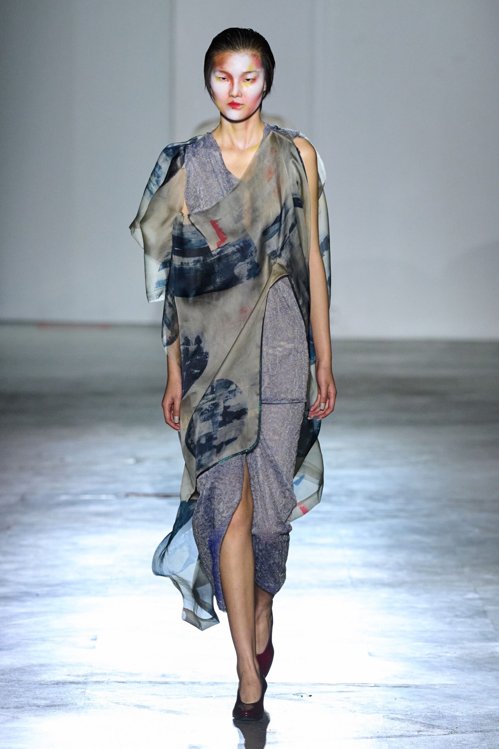 blue silk sleeveless v-neck fitted draped layered dress