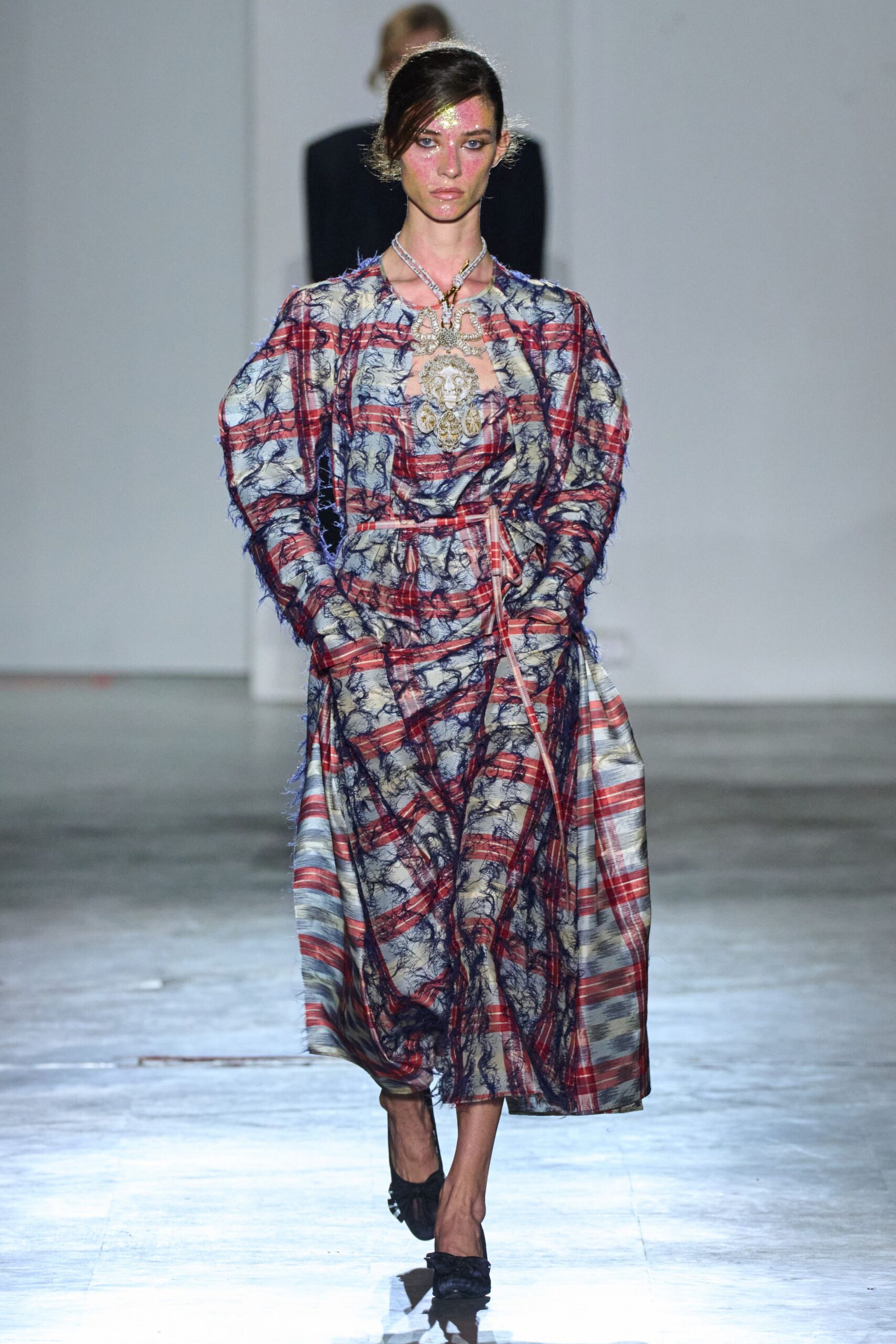 red silk long-sleeve v-neck relaxed layered printed dress