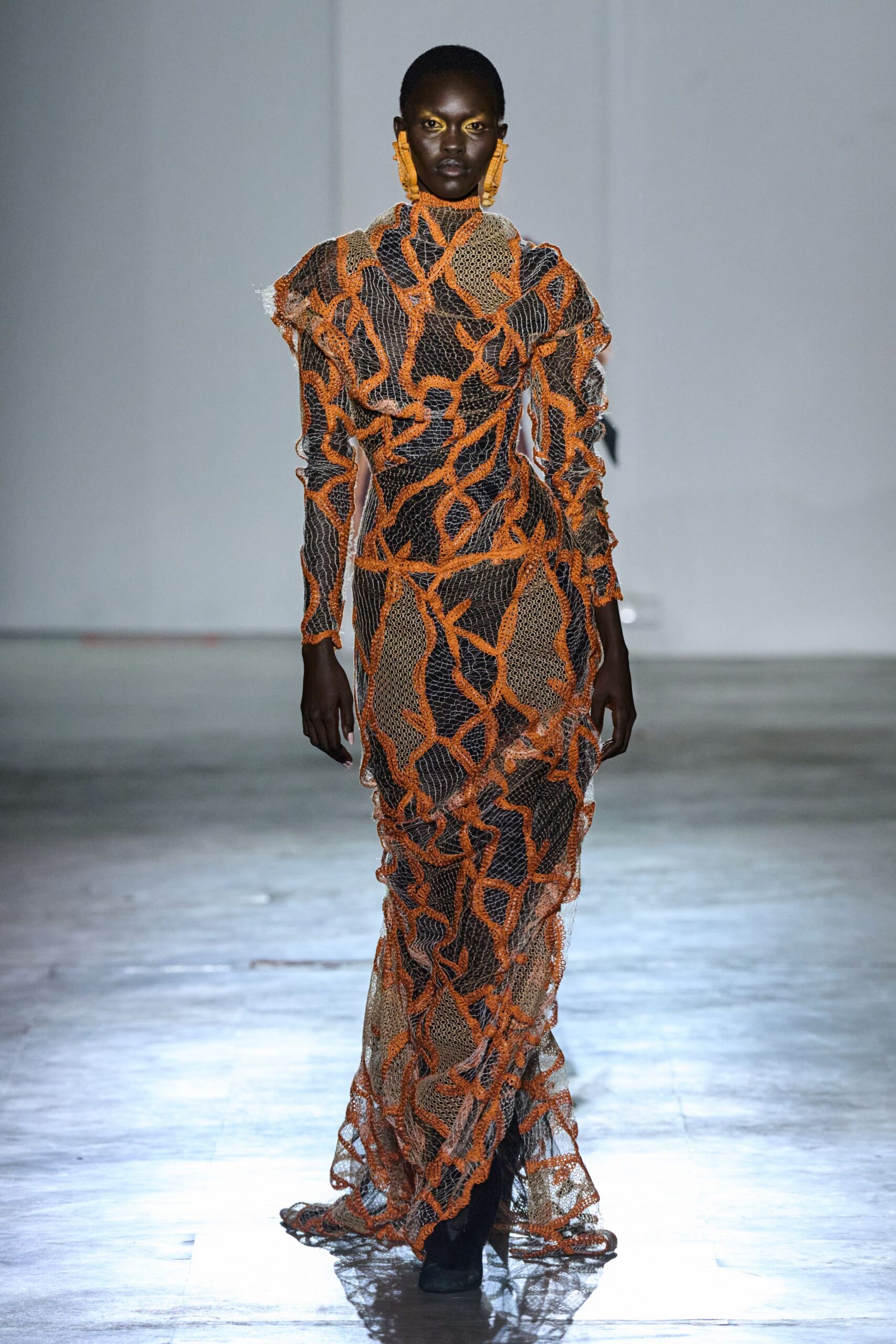 black and orange mesh gown