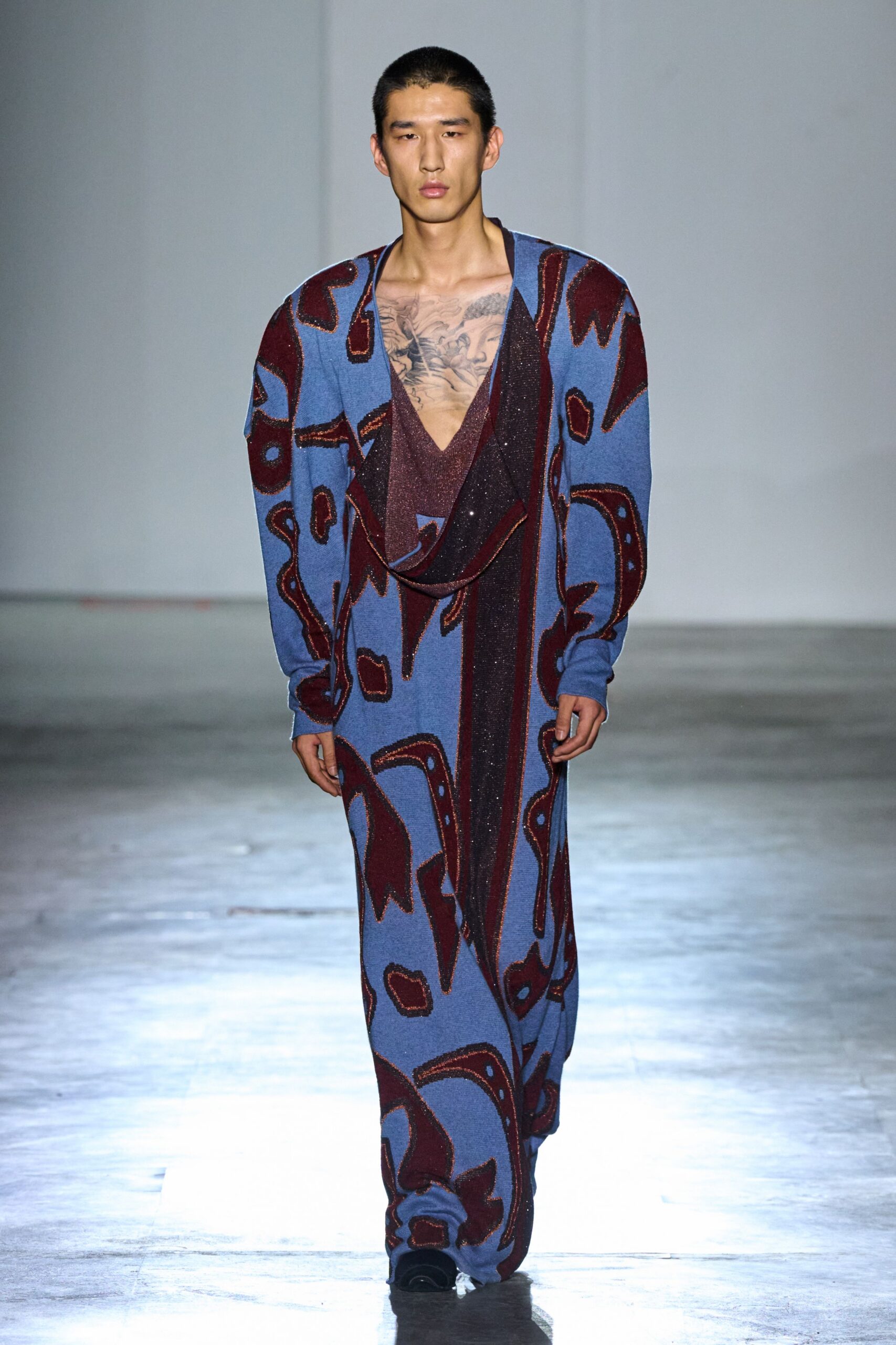 blue and red printed maxi dress