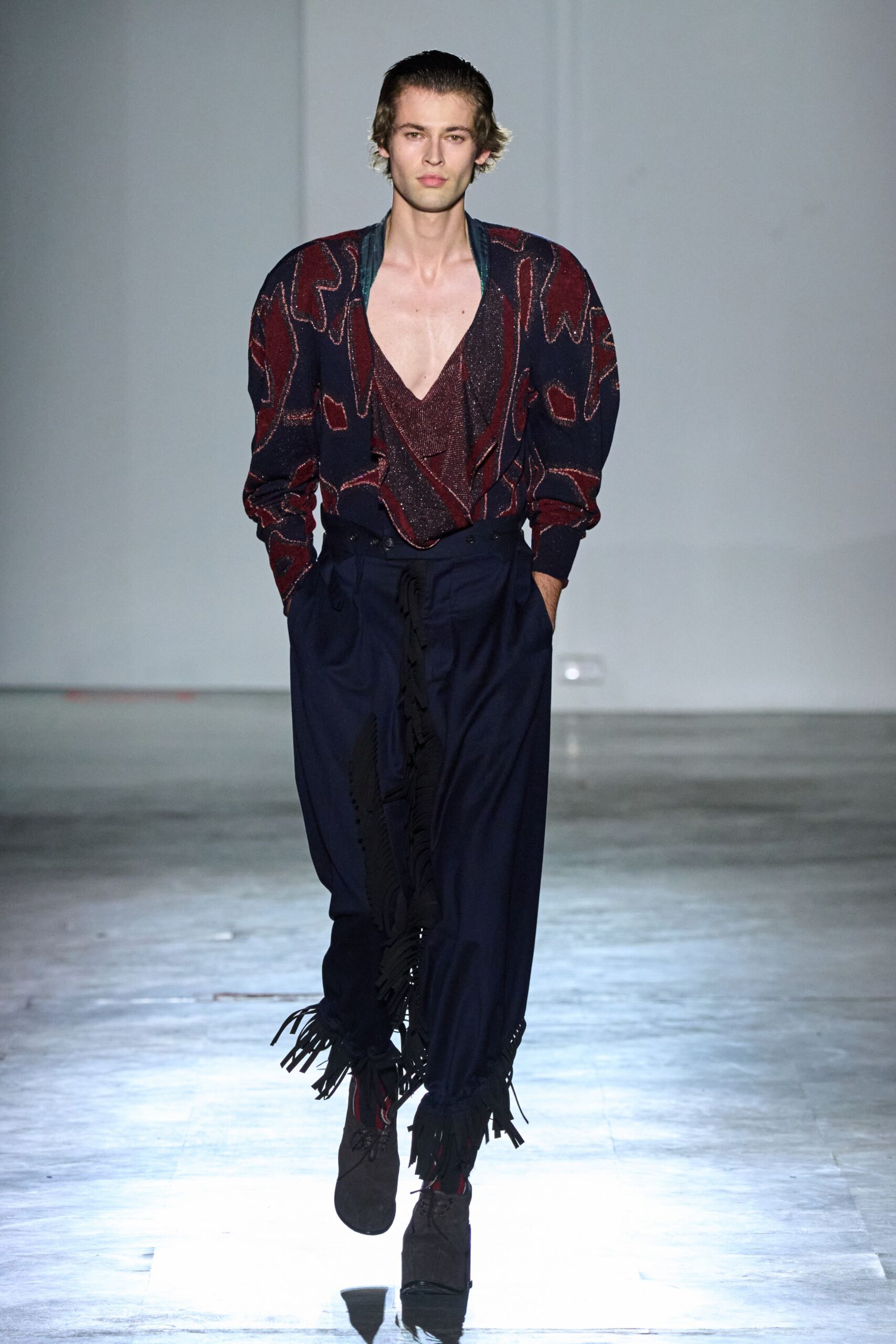black embroidered top with relaxed pants