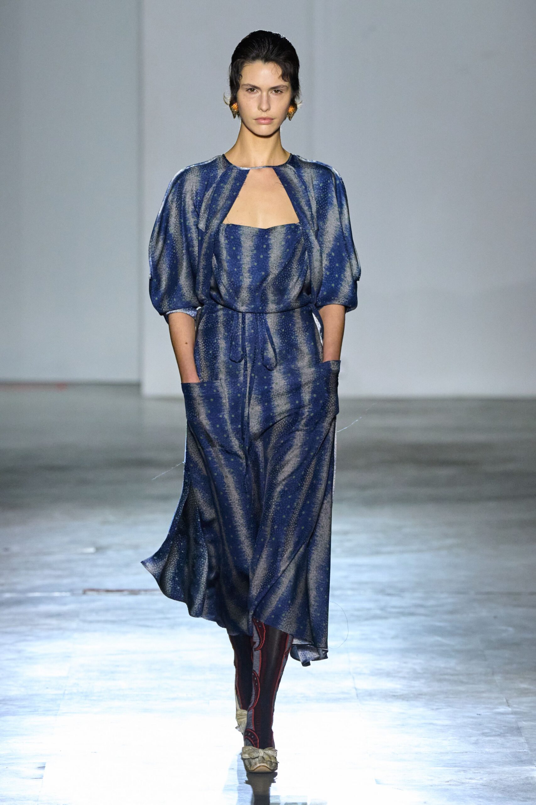 blue silk short-sleeve square-neck relaxed pleated layered dress