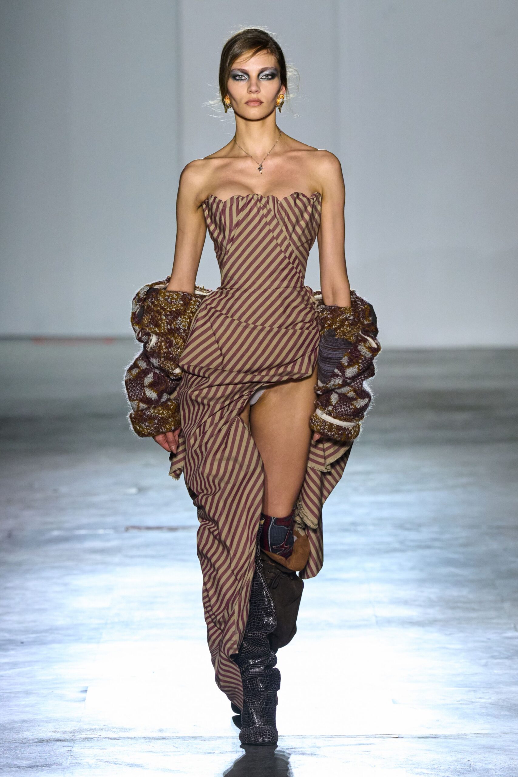 brown silk strapless high-neck fitted striped ruffled dress