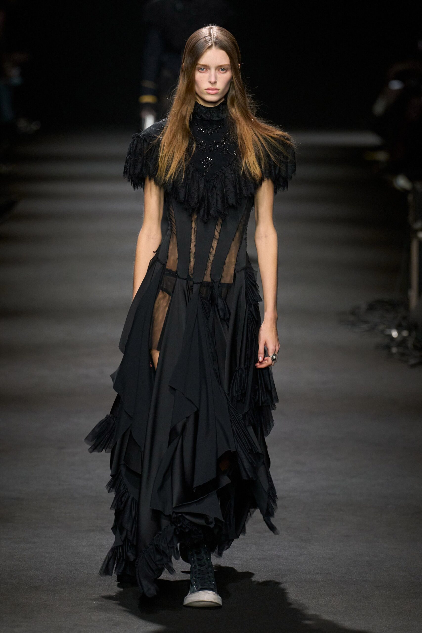 black silk sleeveless high-neck fitted ruffled layered dress
