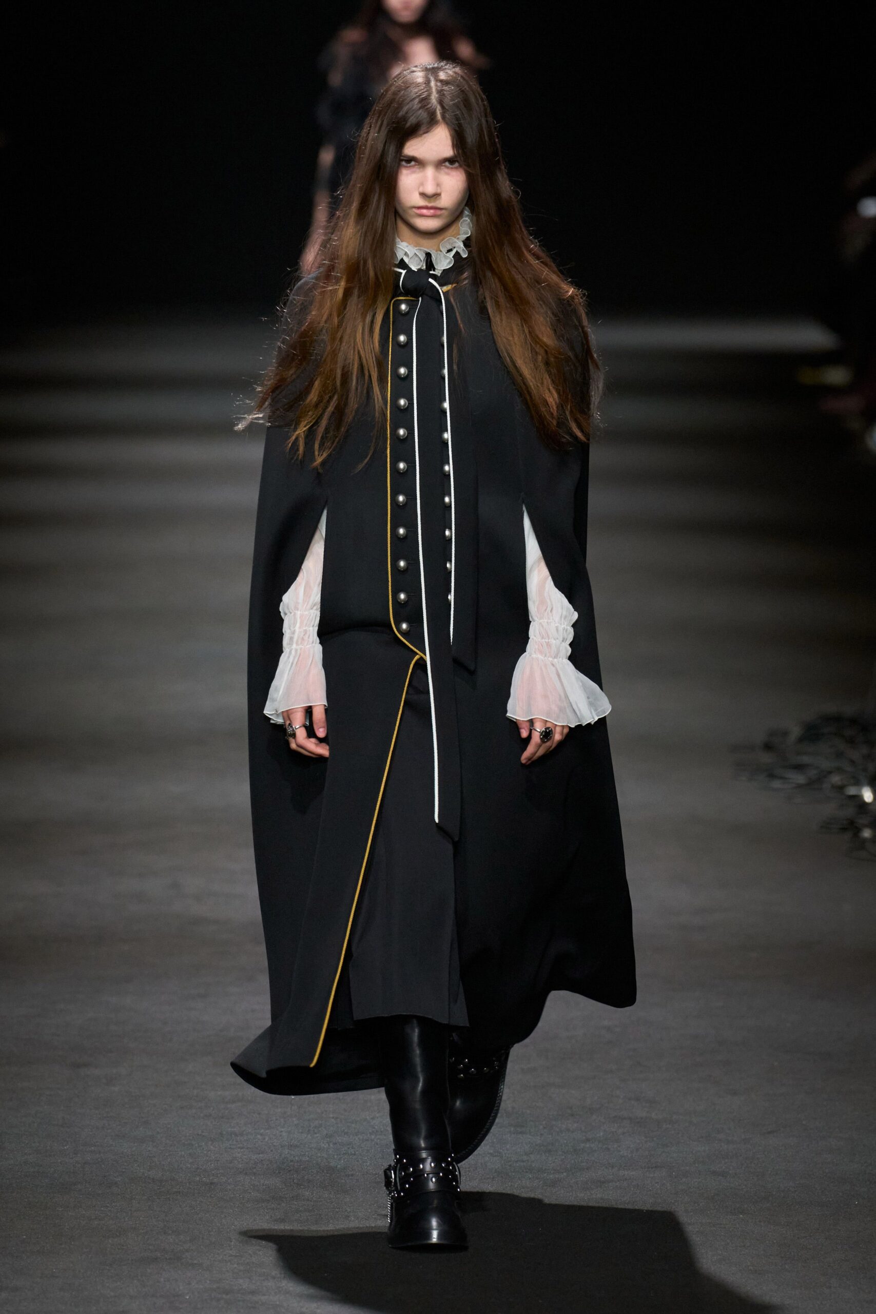 black wool long-sleeve collared fitted buttoned cape