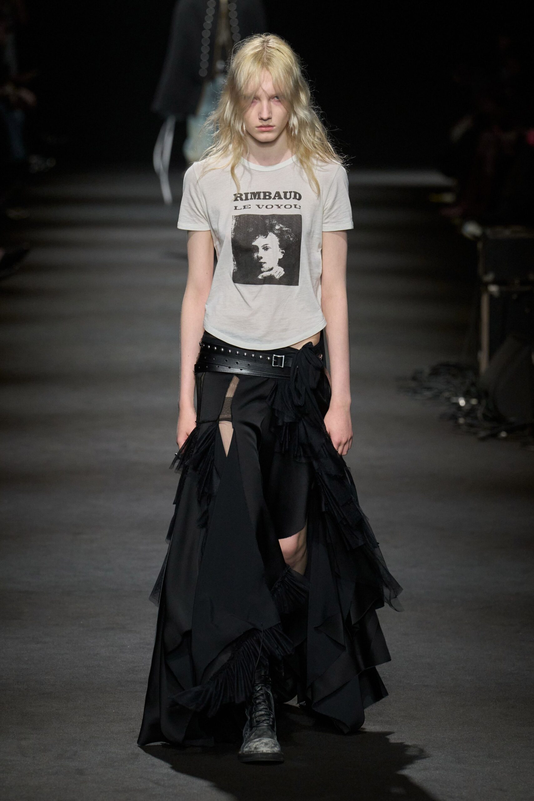 white t-shirt black ruffled skirt