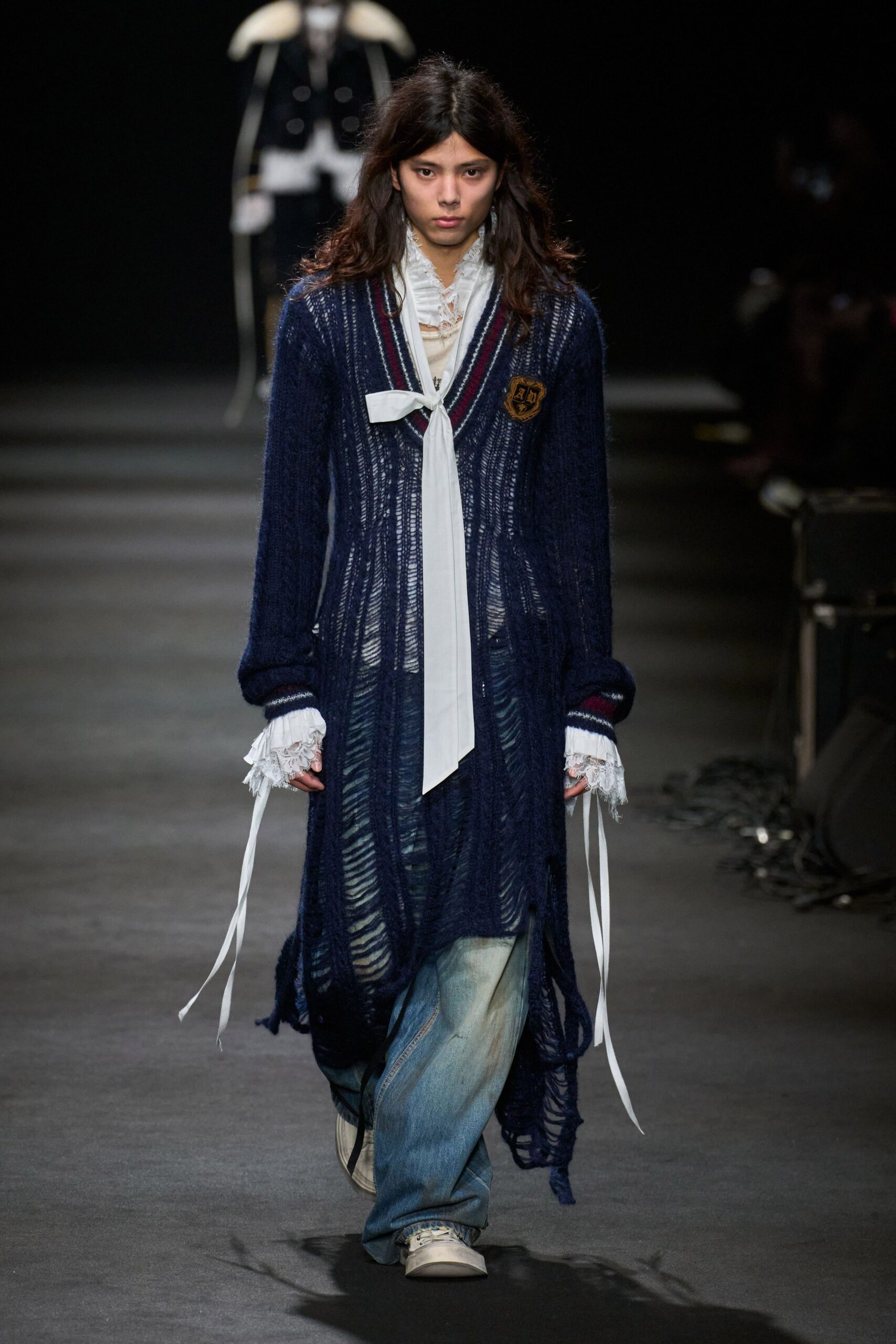 blue cotton long-sleeve collared relaxed layered flowing cardigan