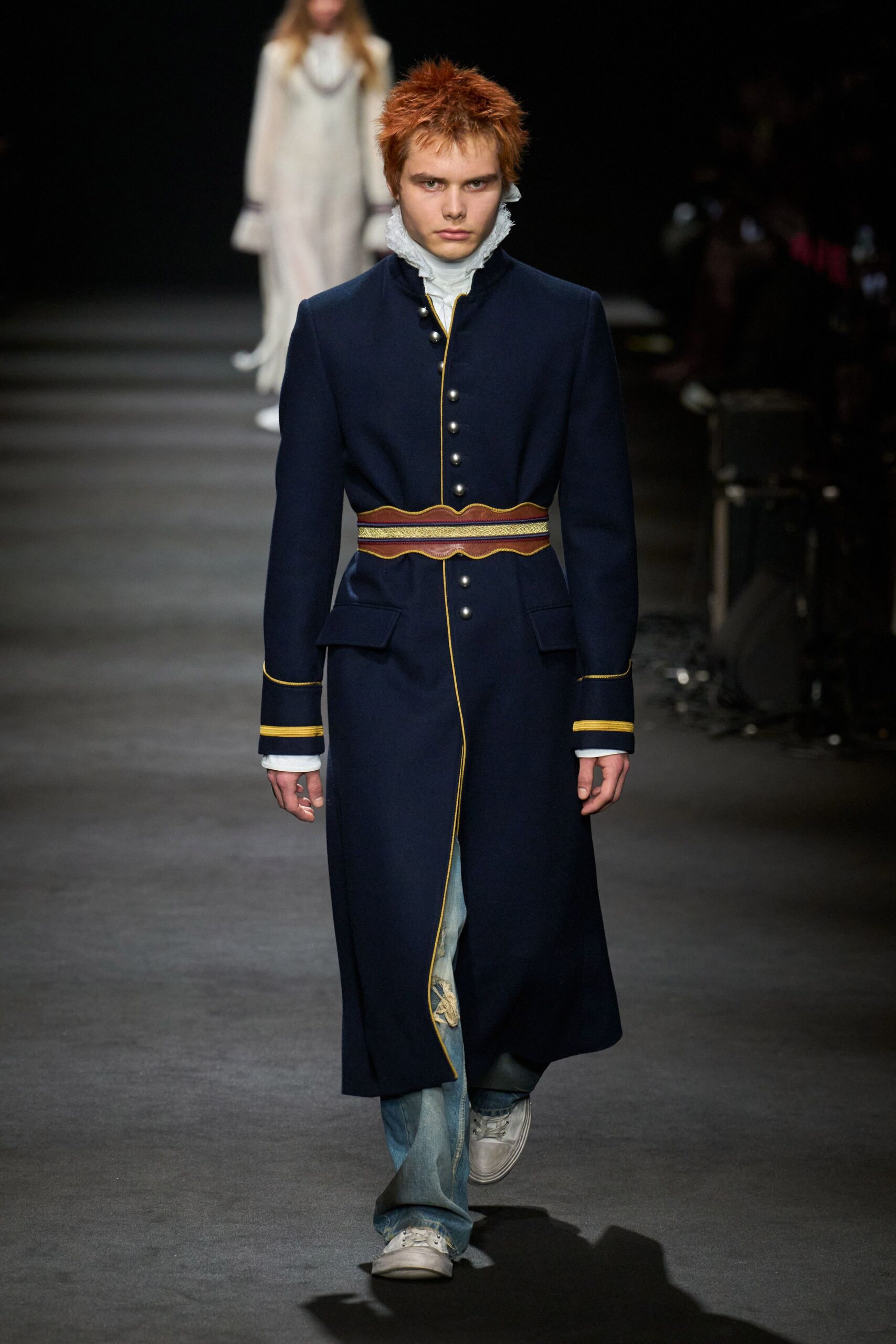 blue wool long-sleeve collared fitted buttoned belted coat