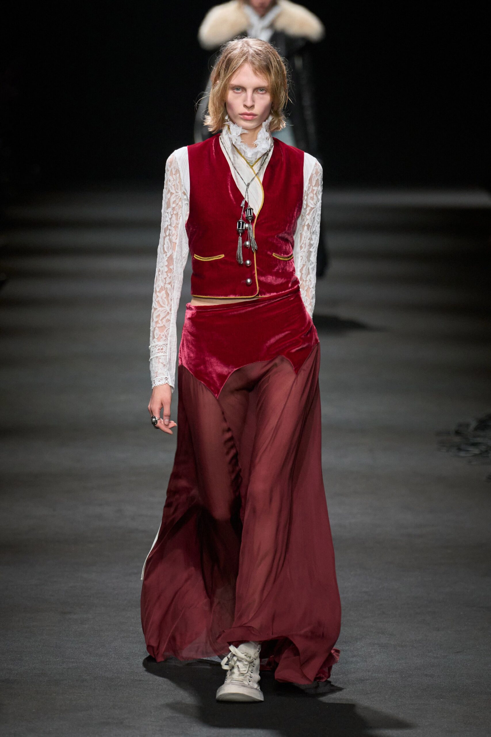 maroon silk relaxed high-waisted layered flowing maxi skirt