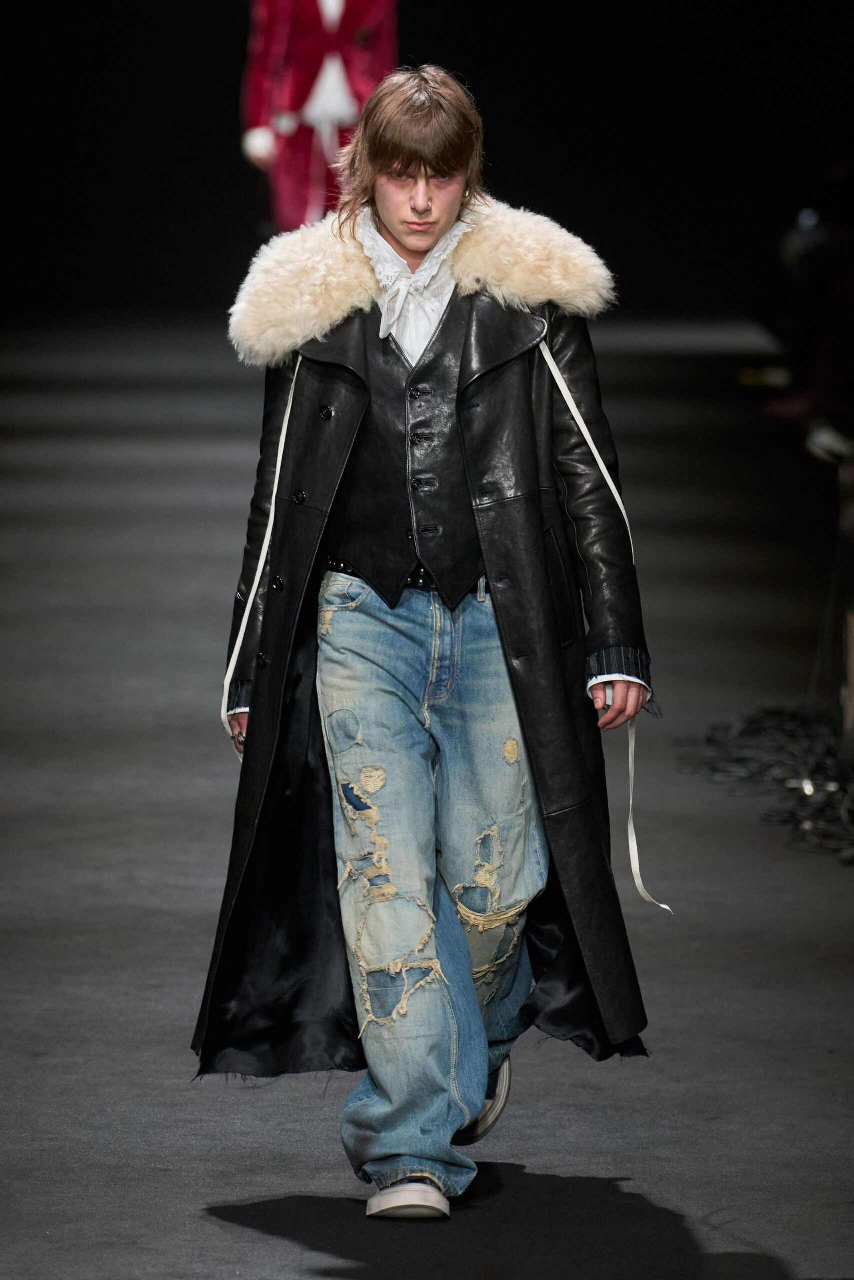 black leather coat with distressed jeans