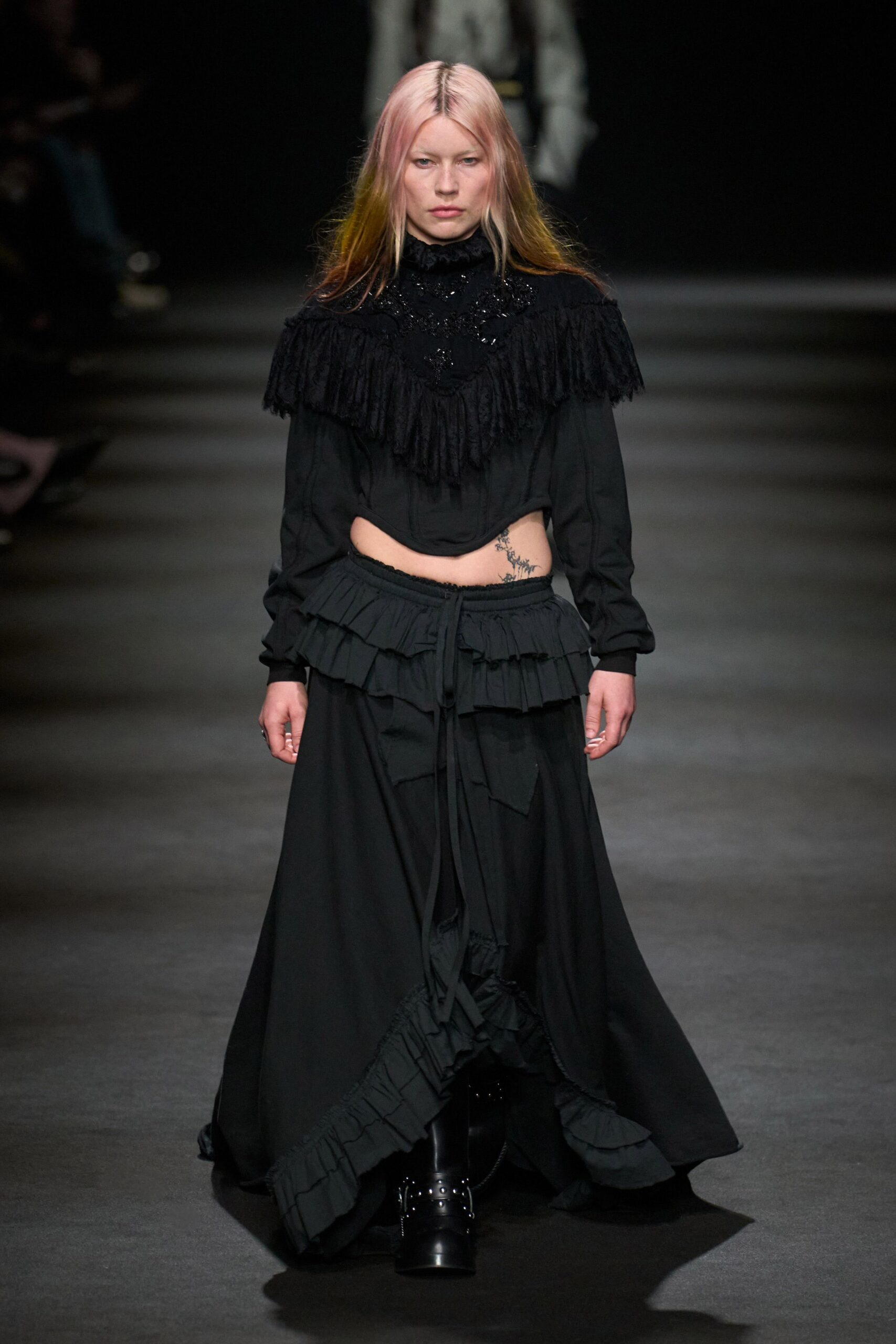 black cotton long-sleeve collared fitted ruffled layered top