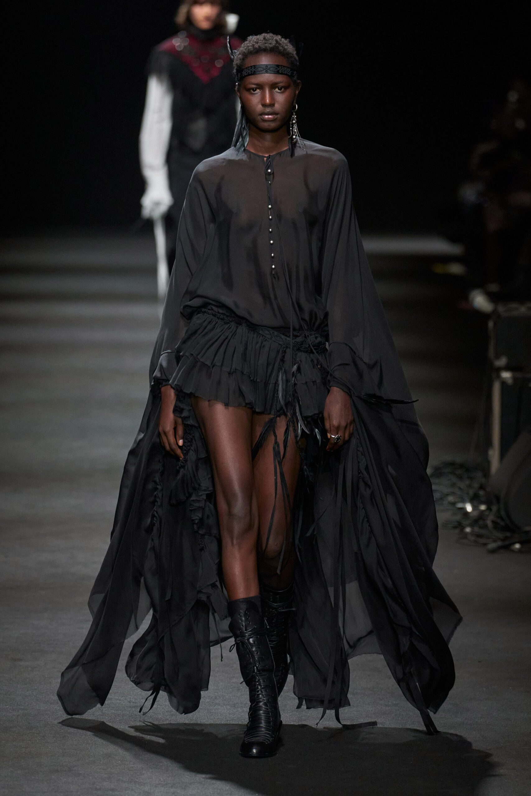 black silk long-sleeve v-neck fitted ruffled layered dress