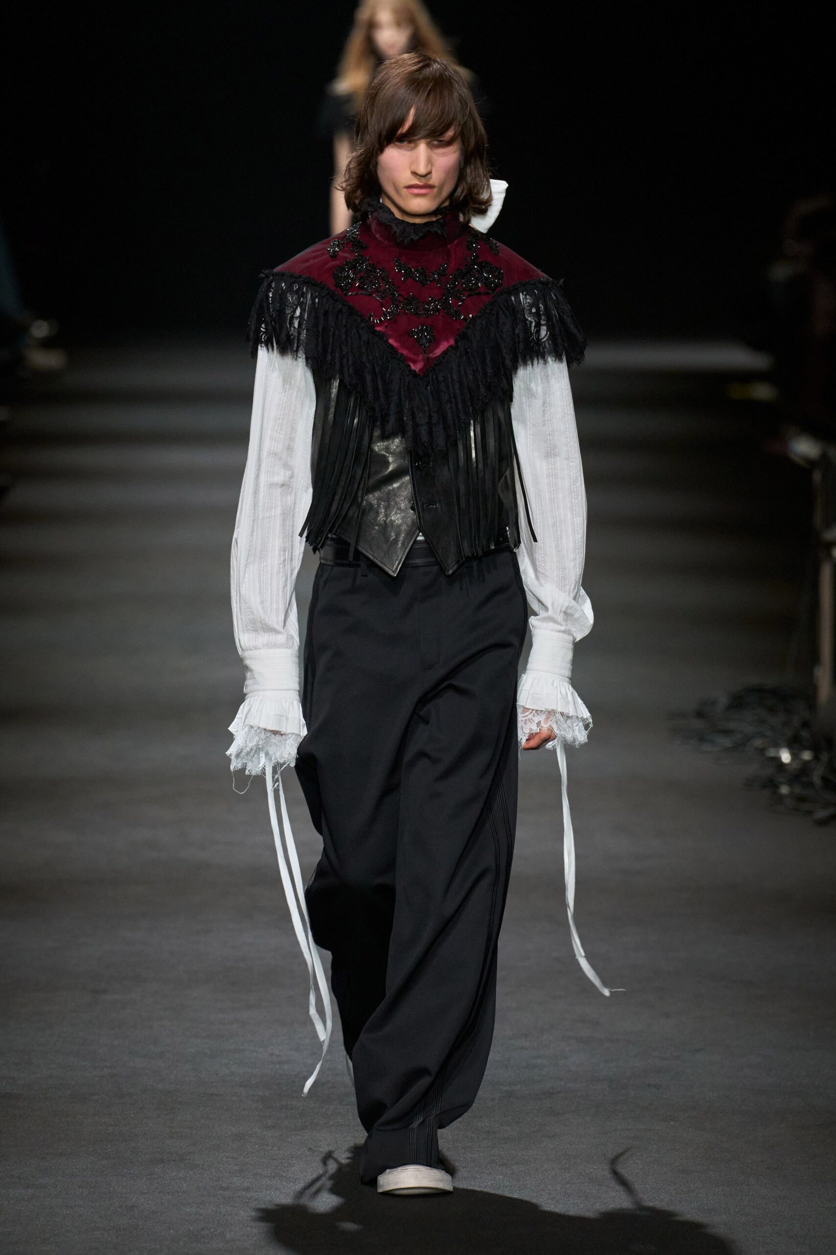 black leather long-sleeve collared fitted fringed embroidered vest