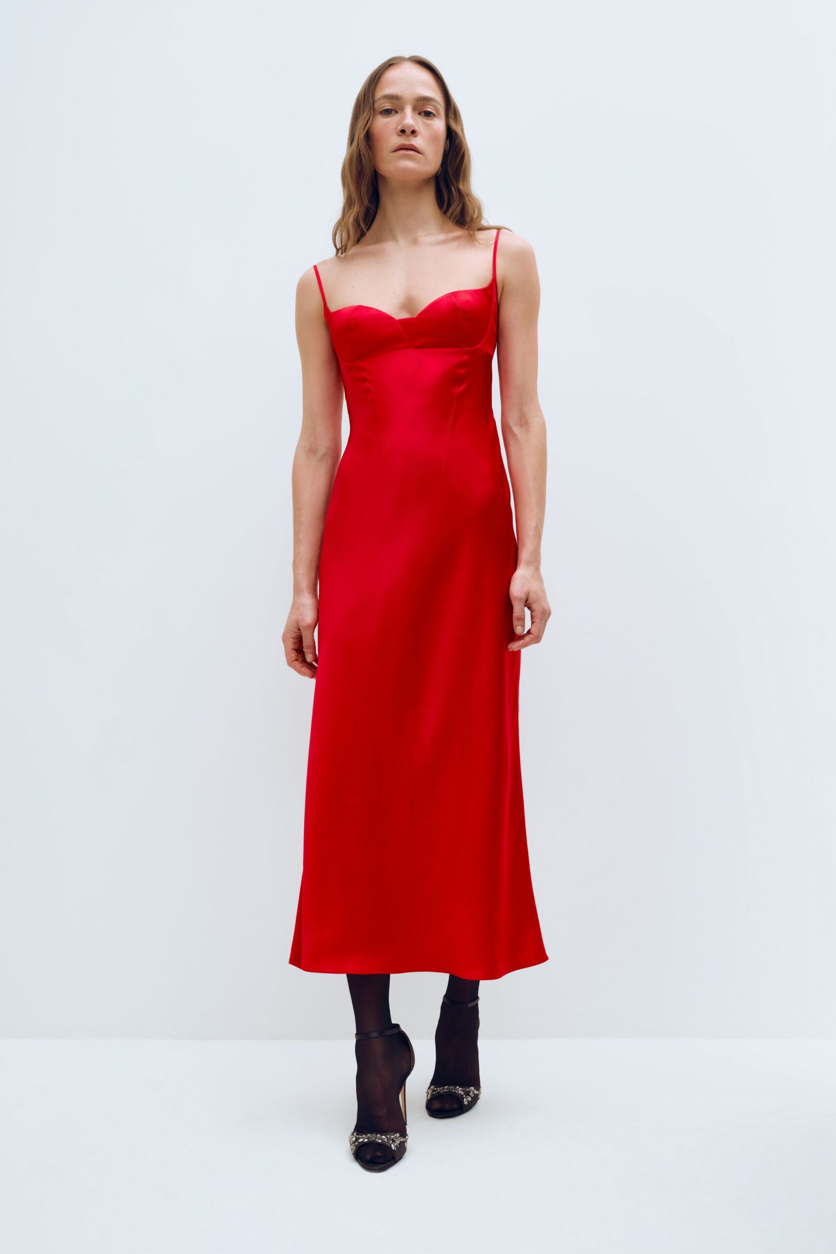 red silk sleeveless v-neck fitted shiny midi gown