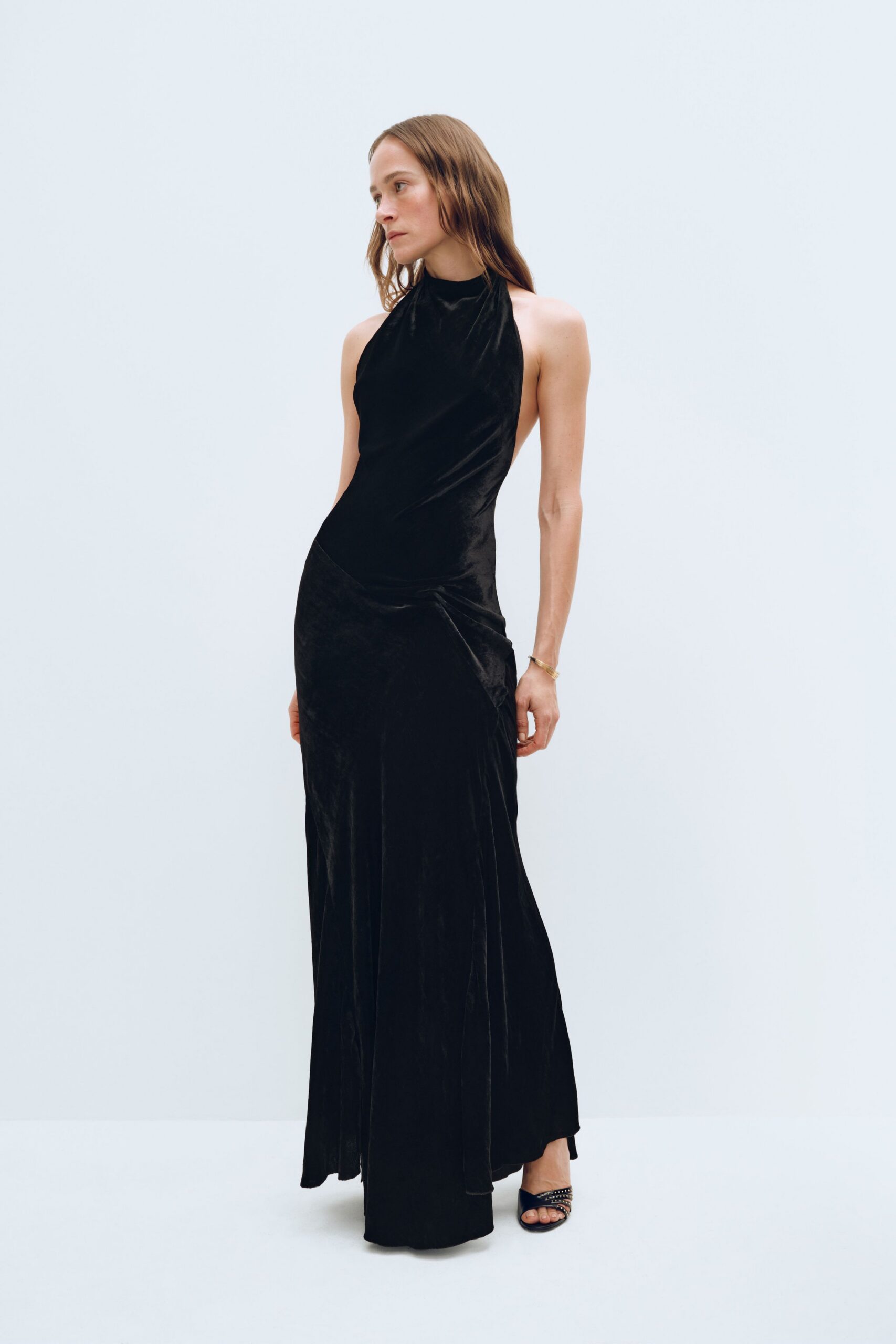 black velvet sleeveless gown