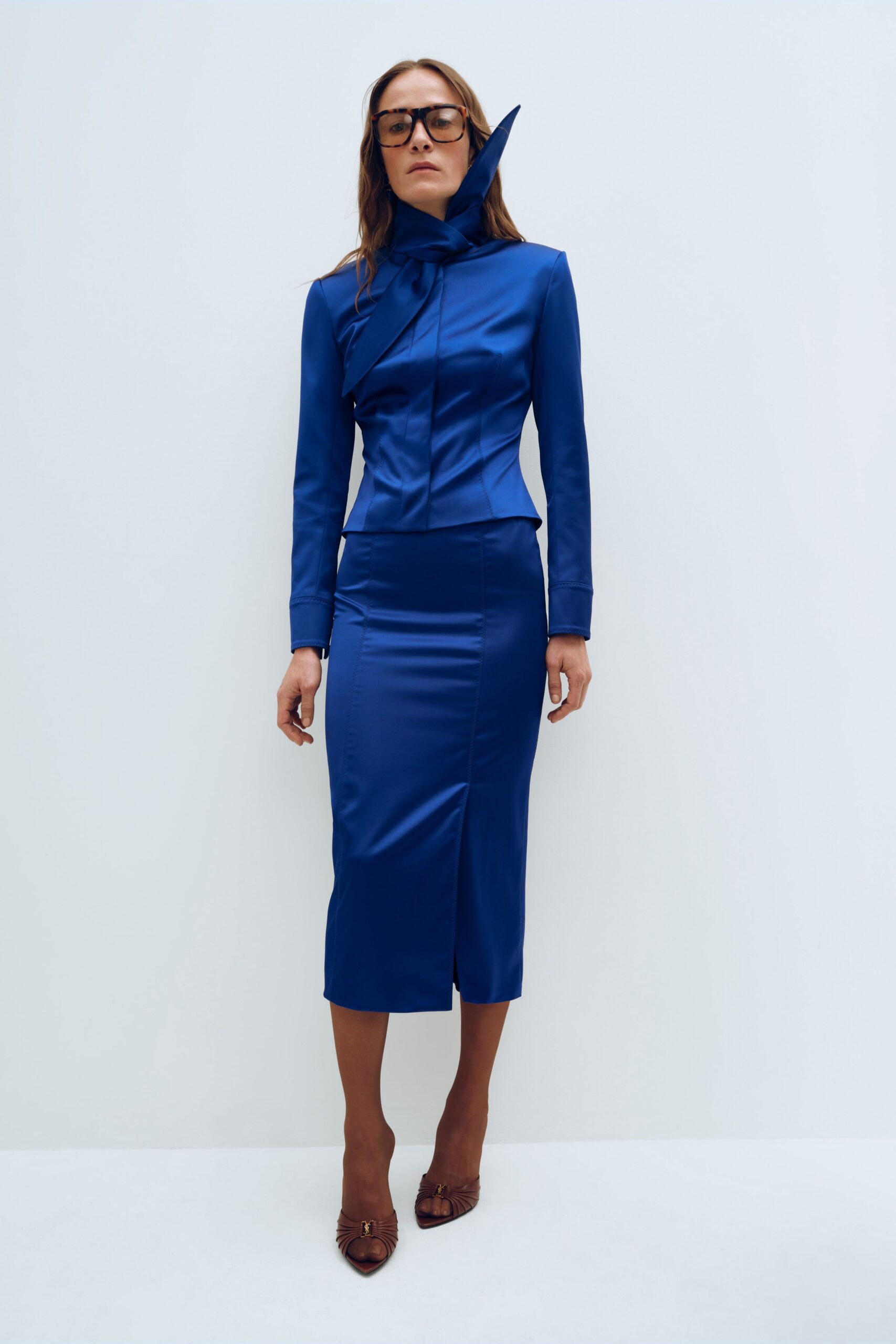 blue satin long-sleeve collared fitted zippered shiny blazer