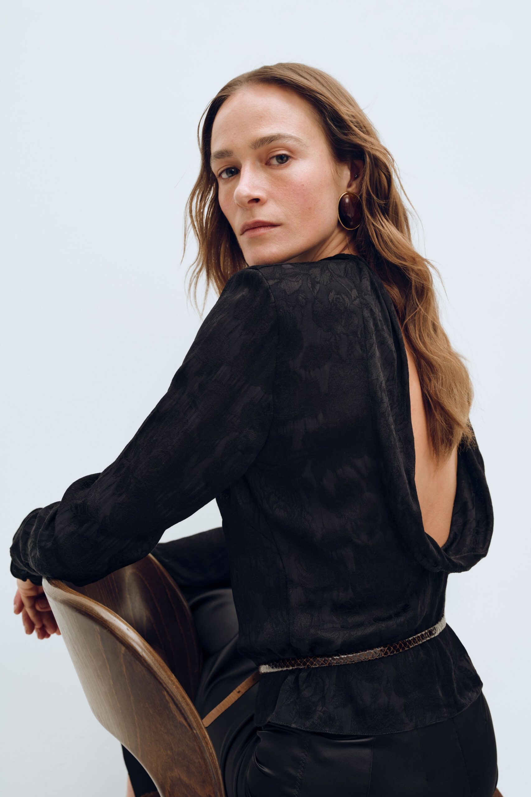 black silk long-sleeve v-neck fitted textured blouse