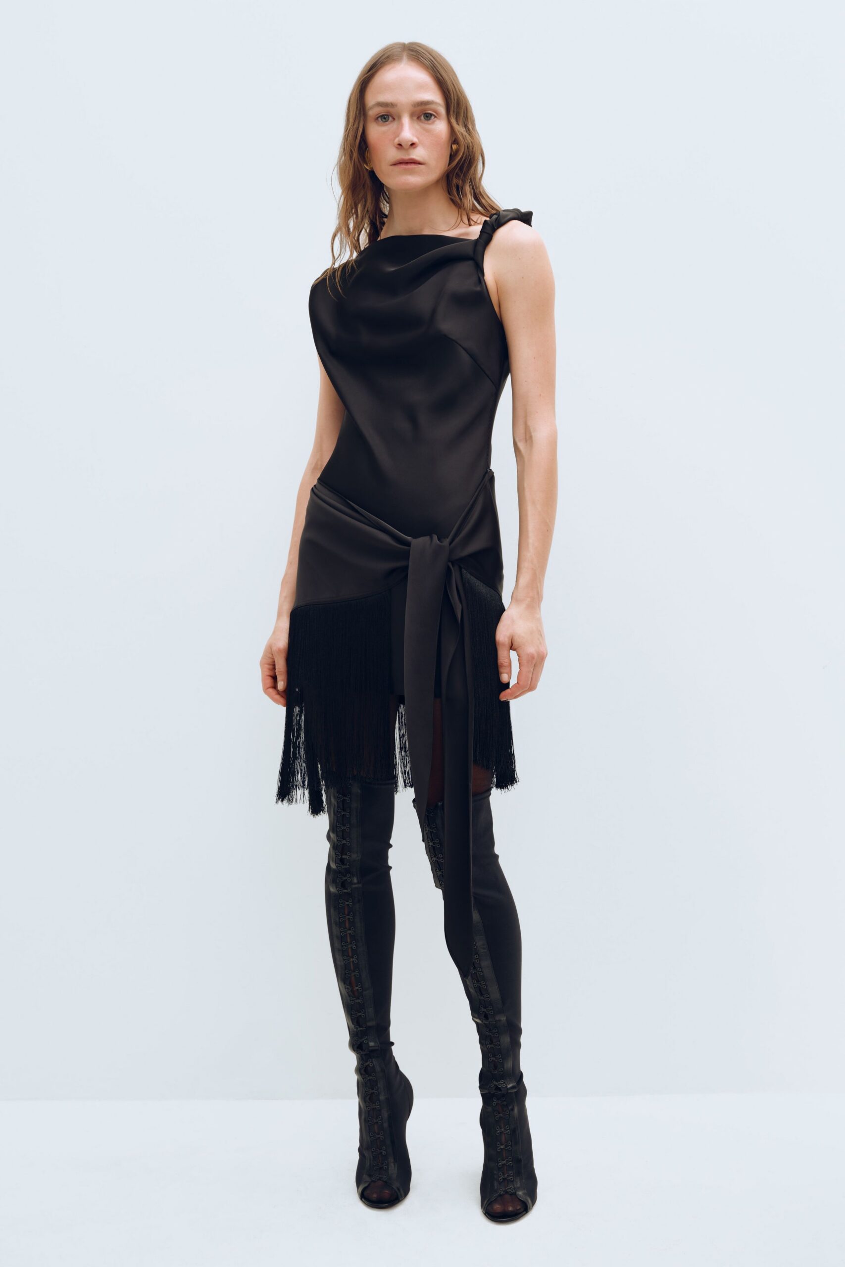 black silk sleeveless v-neck fitted fringed short dress