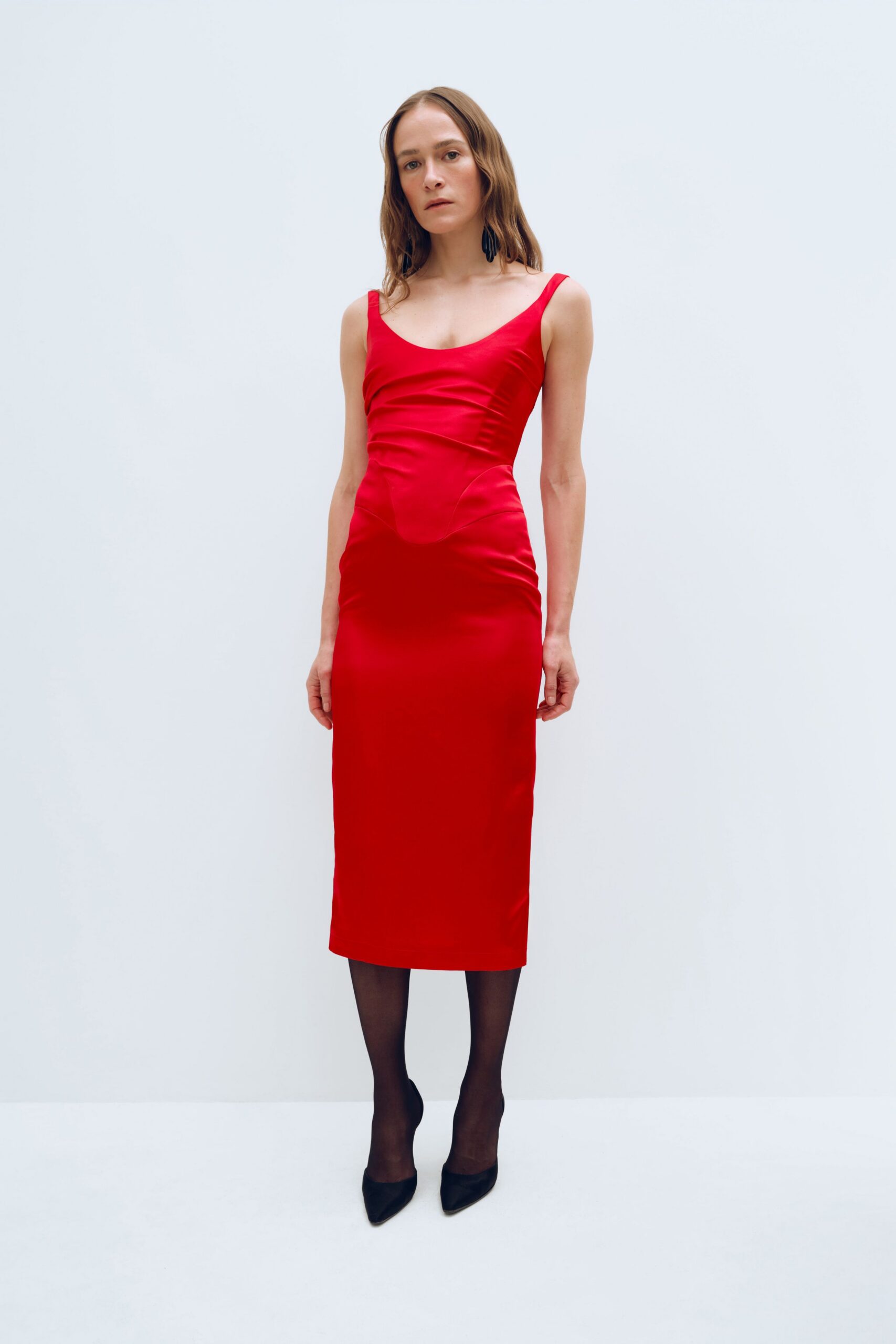red satin sleeveless v-neck fitted ruched midi dress