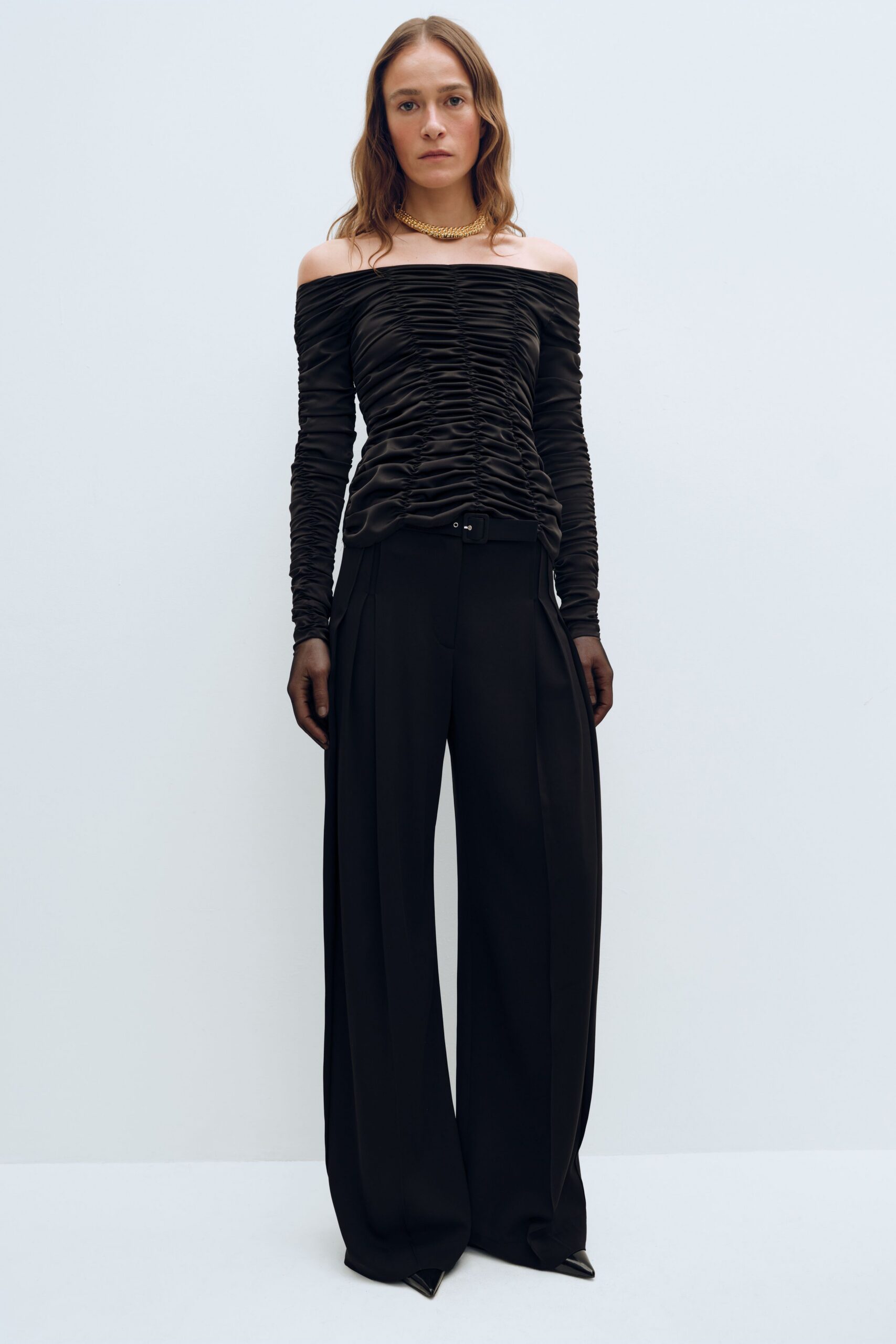 black silk long-sleeve off-shoulder fitted ruched top