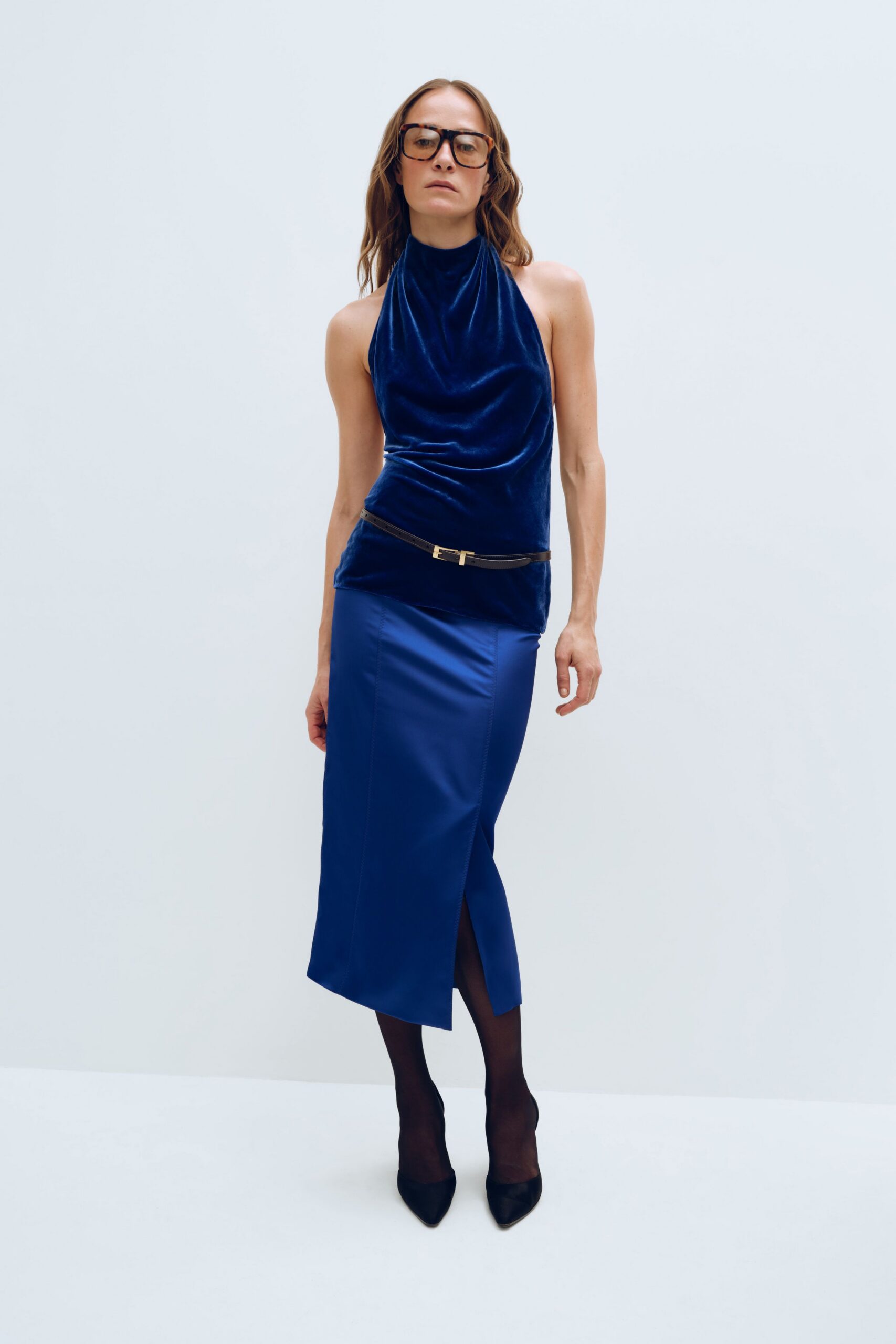 blue satin slit fitted midi skirt