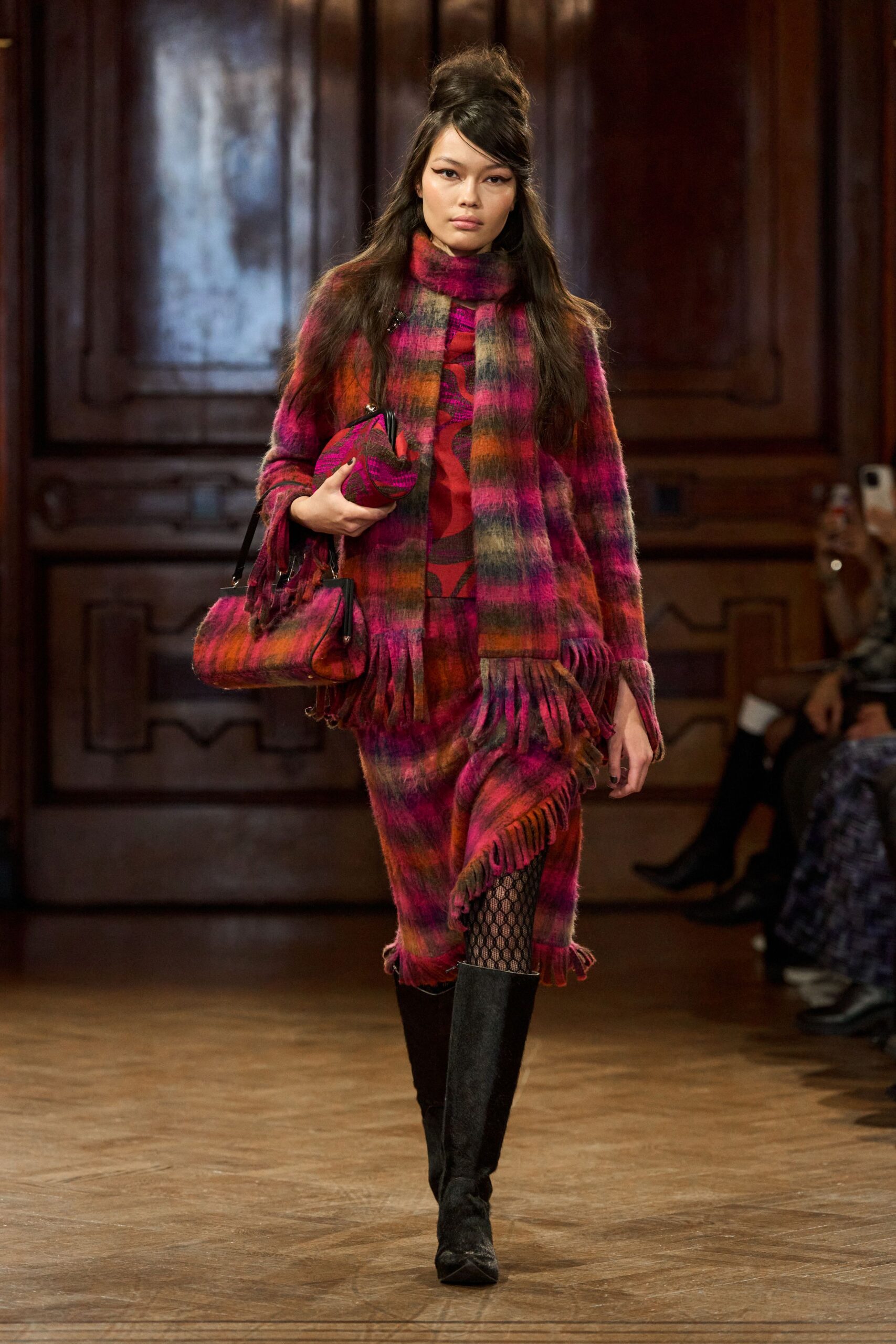 pink wool long-sleeve turtleneck fitted fringed layered dress