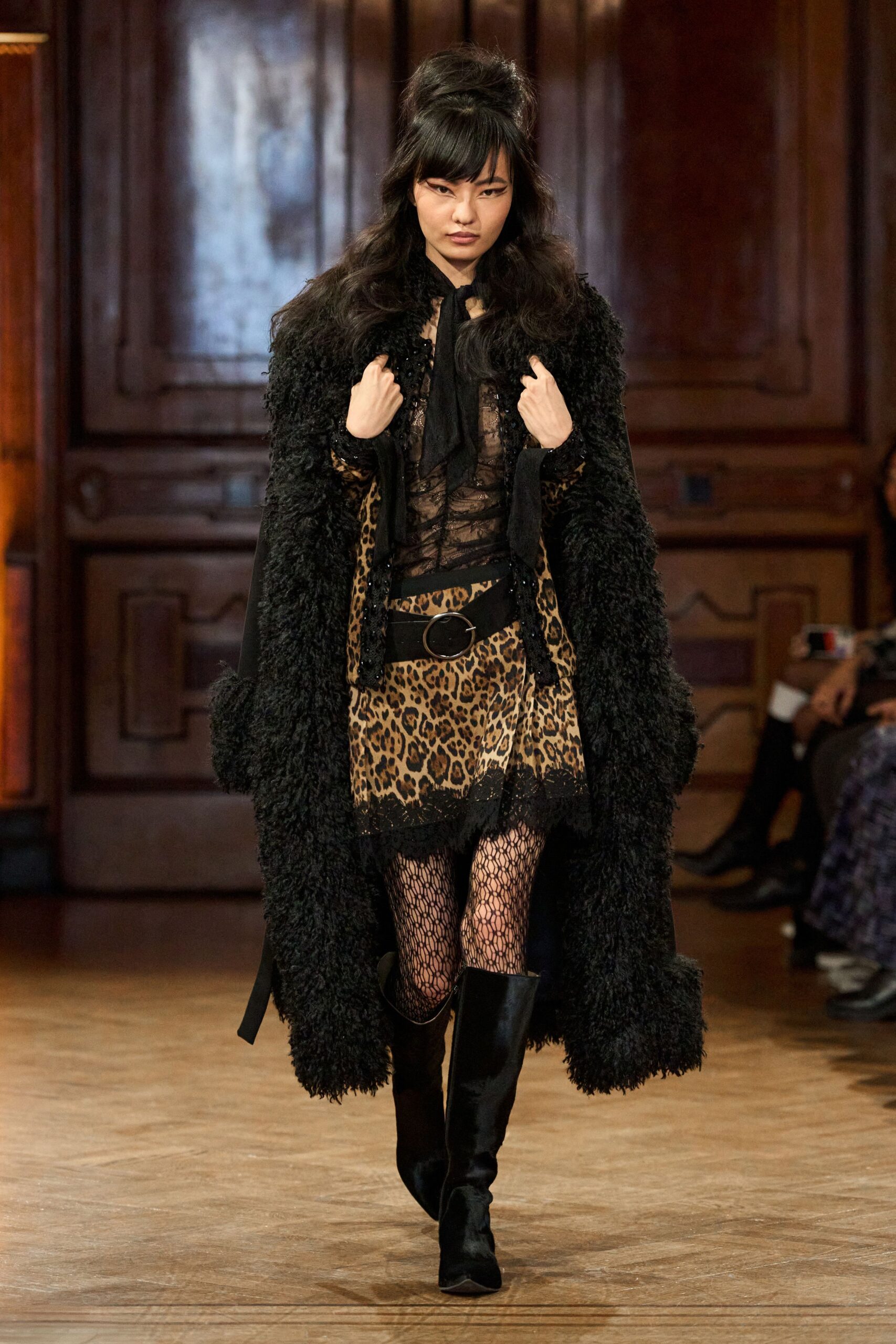 brown silk long-sleeve v-neck fitted animal-print mini dress