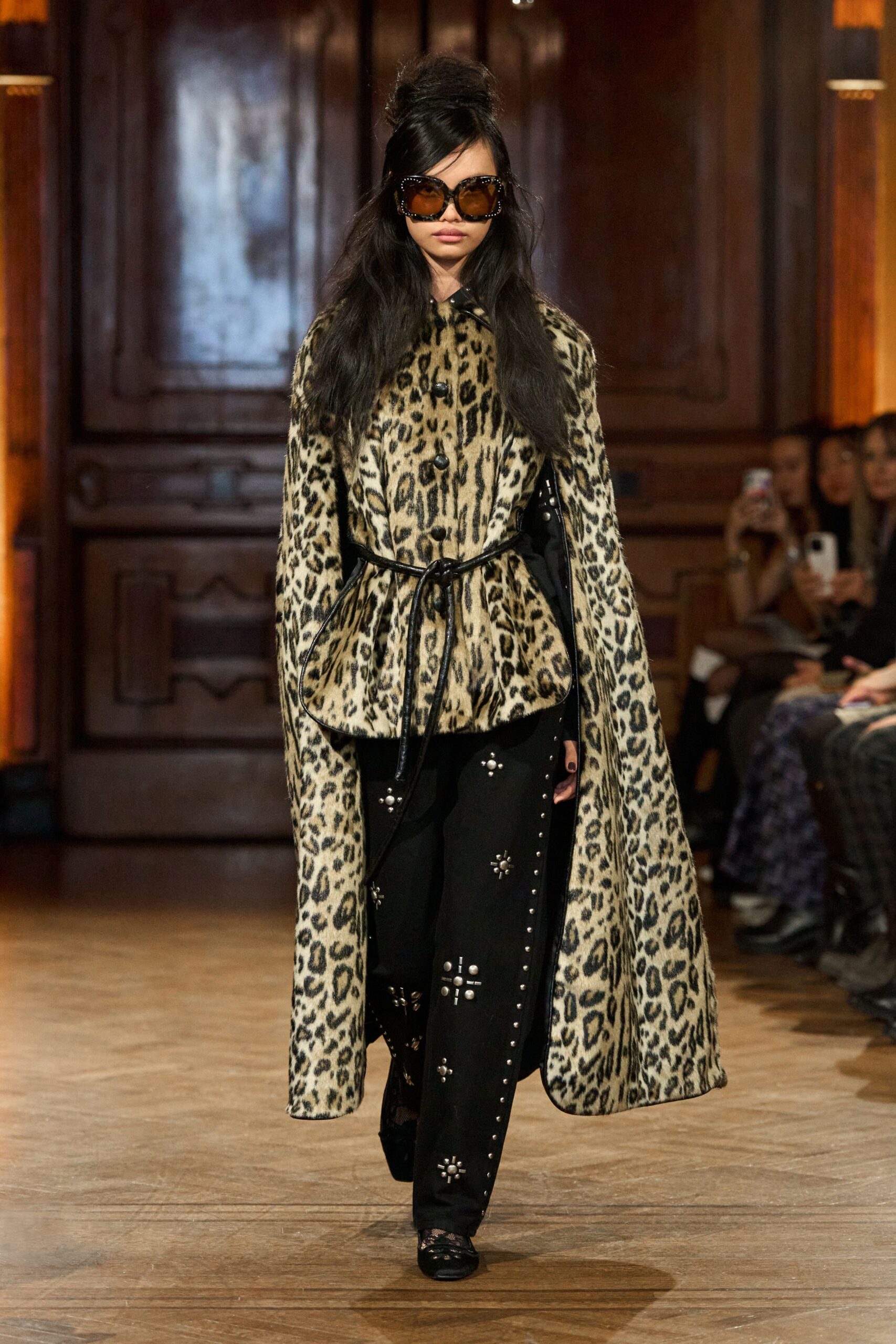 beige silk long-sleeve collared relaxed animal-print belted cape