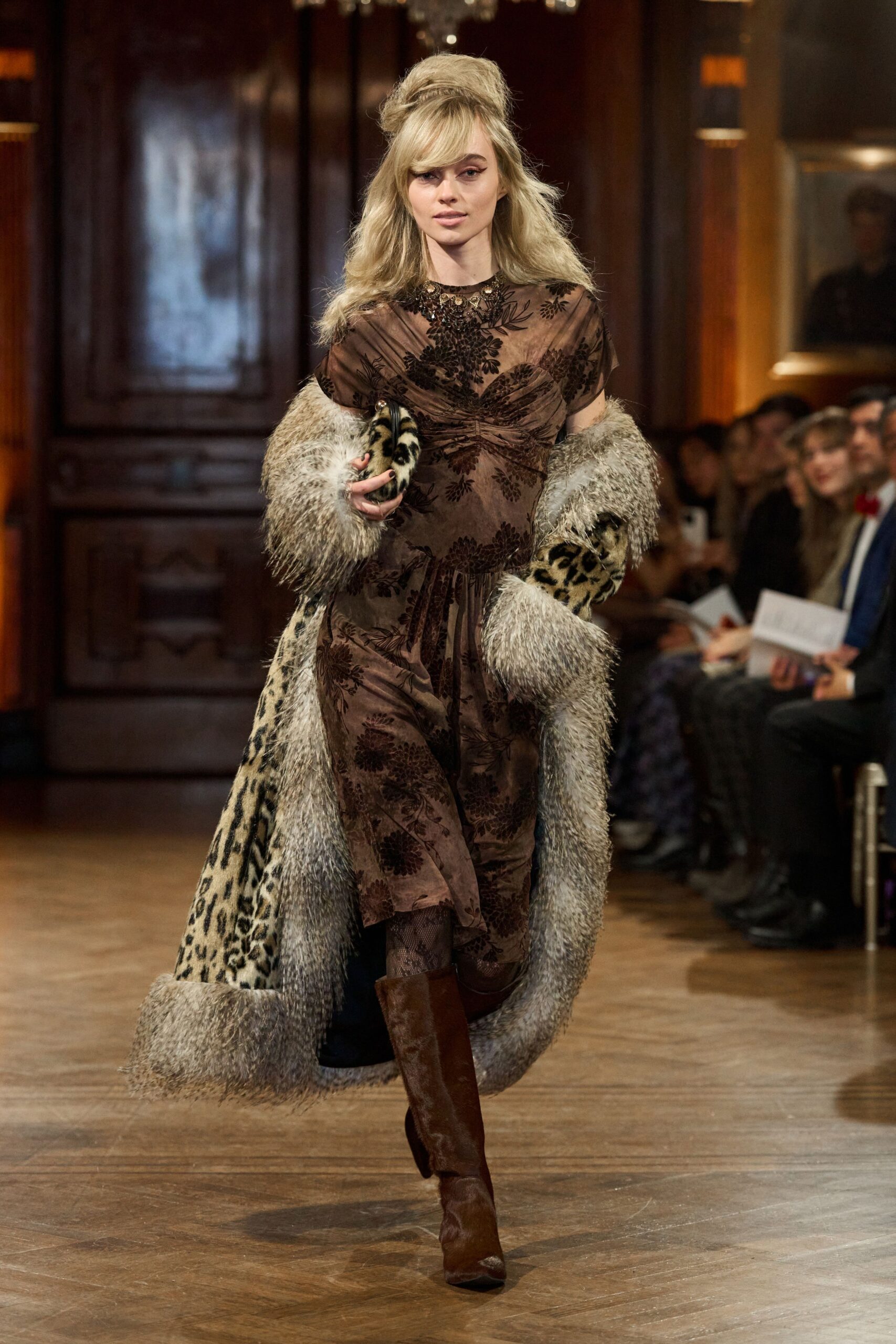 beige faux-fur oversized animal-print layered coat