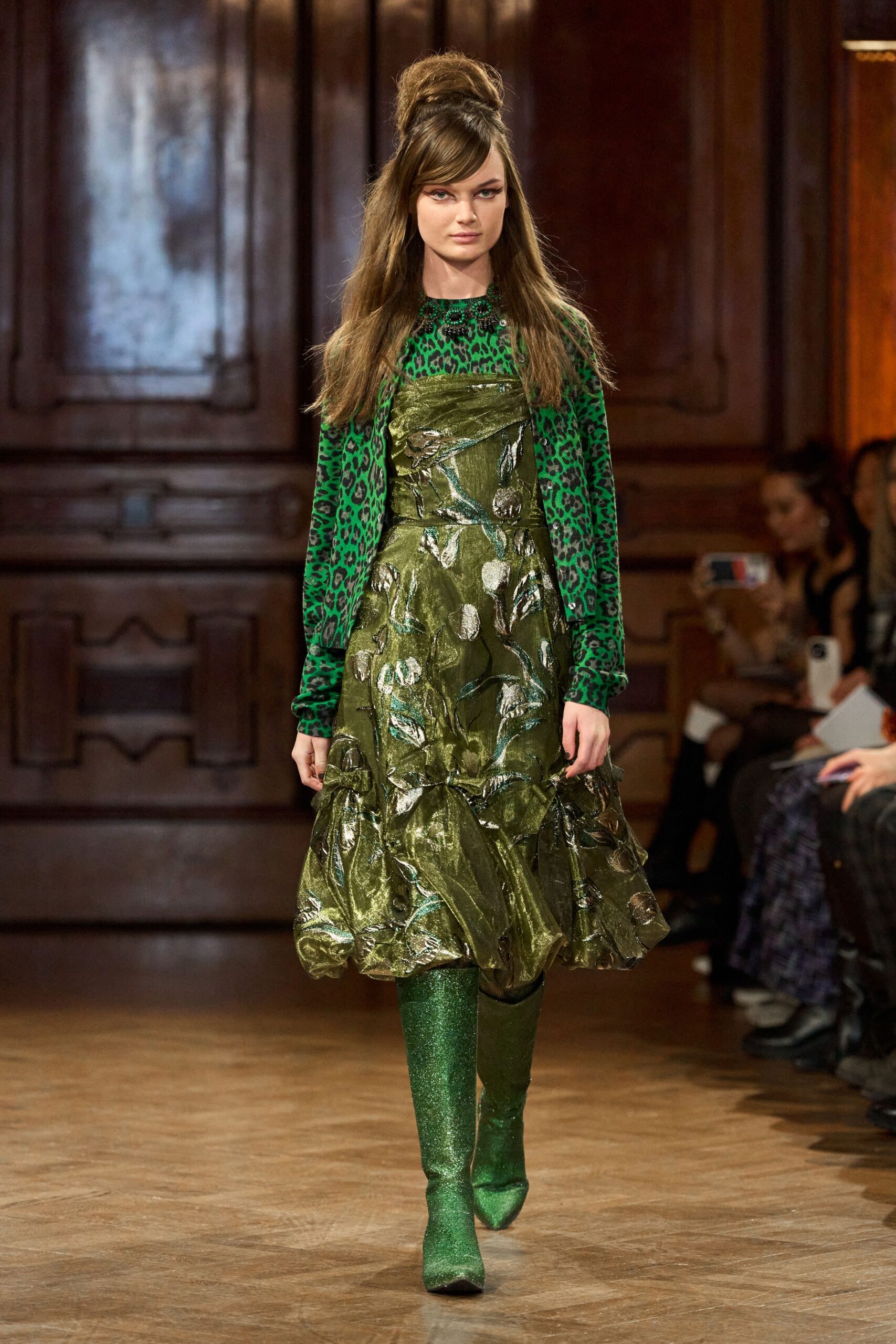 green vinyl long-sleeve scoop-neck fitted layered pleated dress